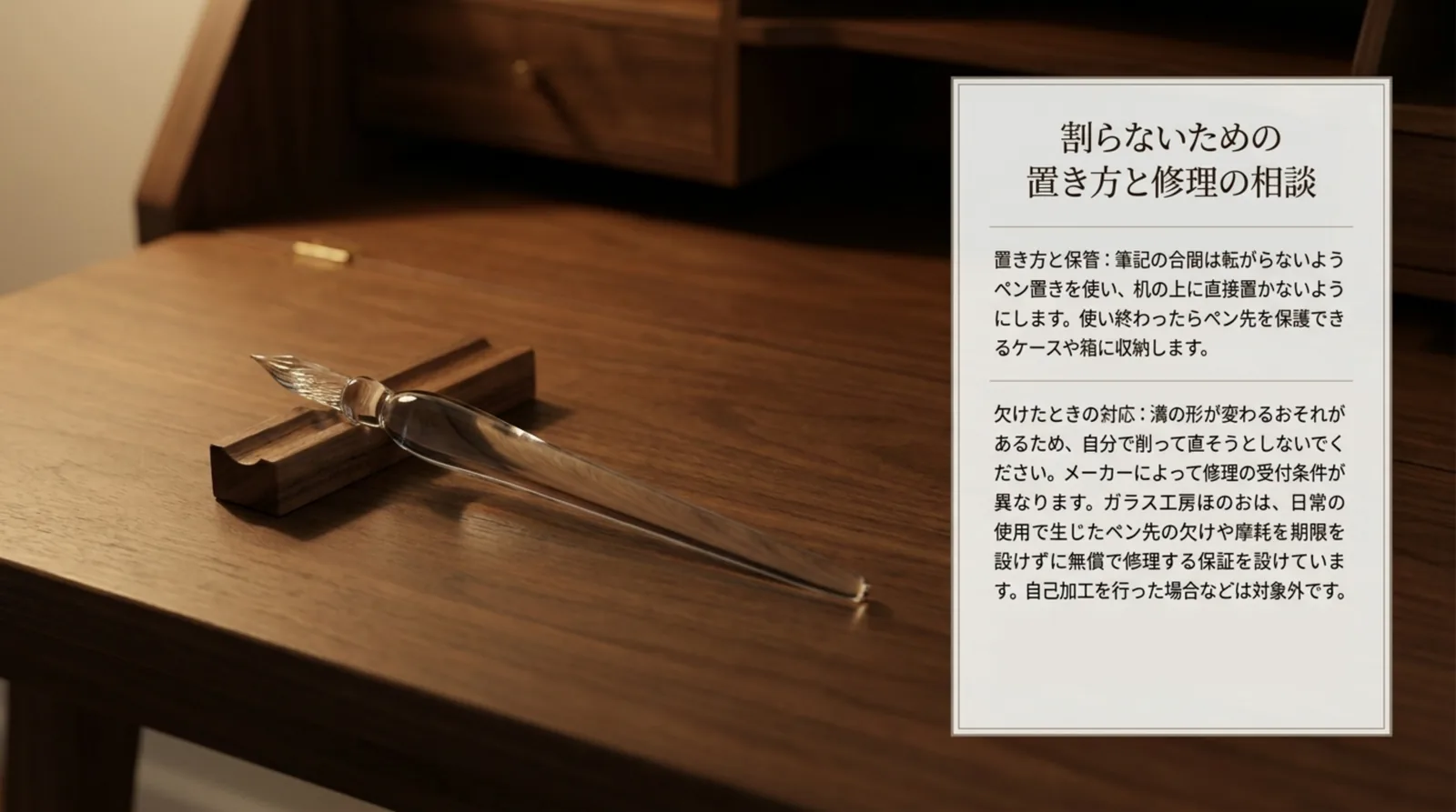 木製のペン置きにのせたガラスペンの写真の横に、ペン置きとケースでの保管と、欠けたときに自分で削らず修理の条件を確かめることをまとめたスライド