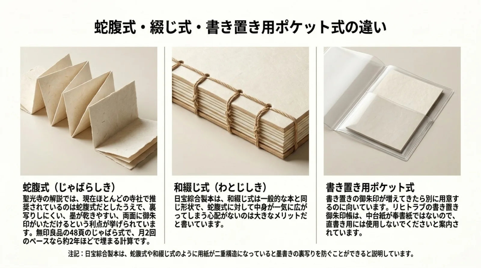 蛇腹式・和綴じ式・書き置き用ポケット式の写真を並べ、それぞれの特徴を各社の解説から説明したスライド