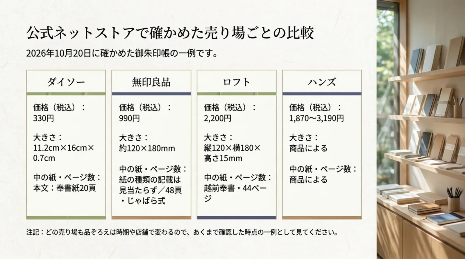 ダイソー・無印良品・ロフト・ハンズの御朱印帳の価格・大きさ・中の紙を並べたスライド