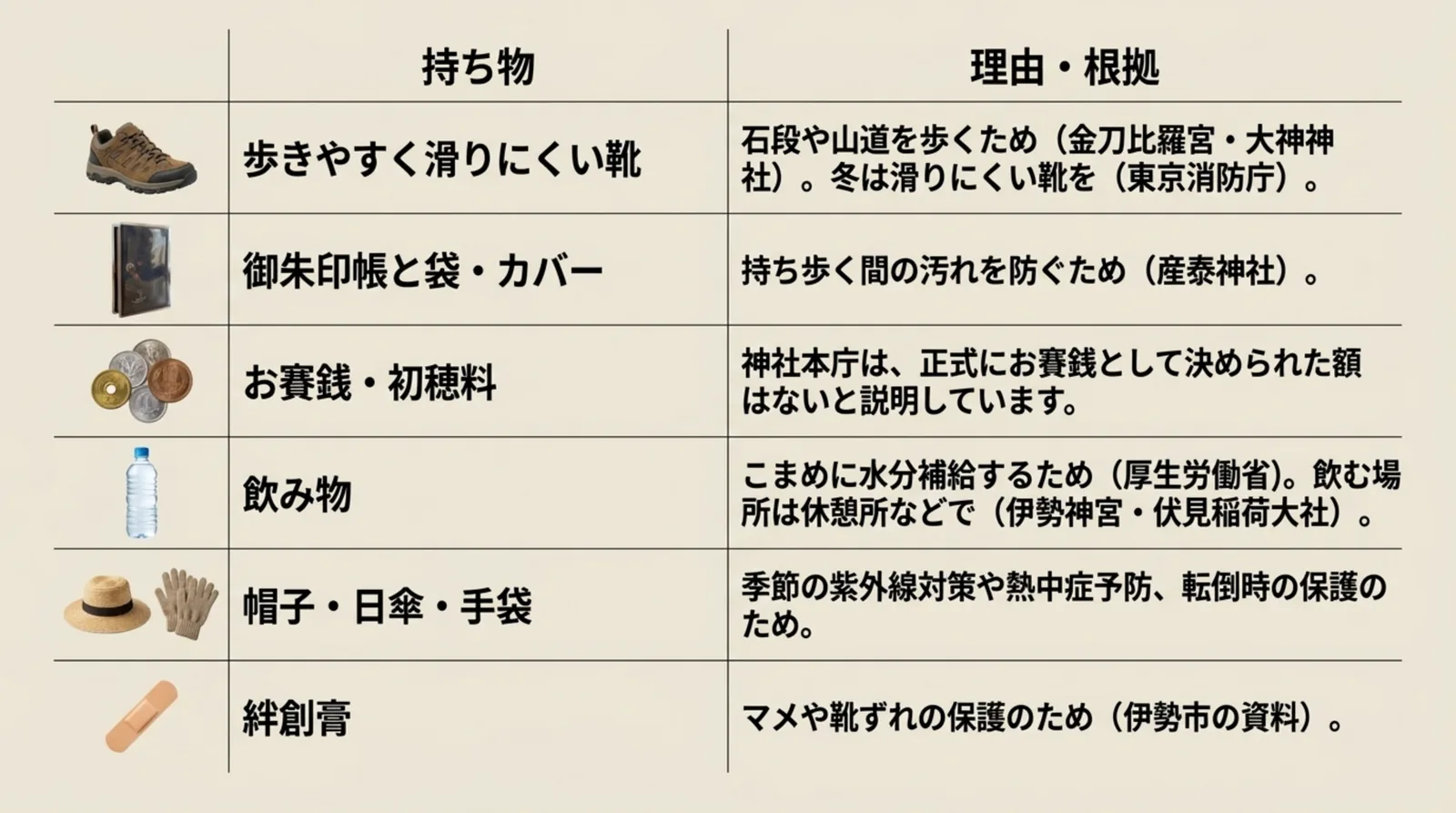 靴・御朱印帳と袋・お賽銭・飲み物・帽子・絆創膏の持ち物と理由の一覧