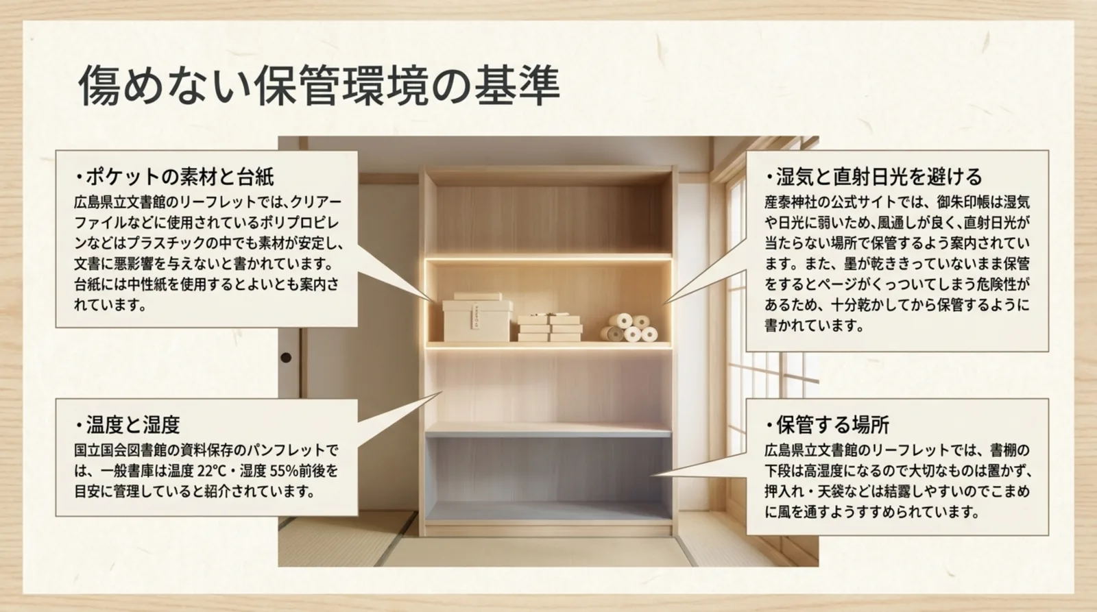 ポケットの素材・温湿度・湿気と日光・保管場所の注意をまとめた図