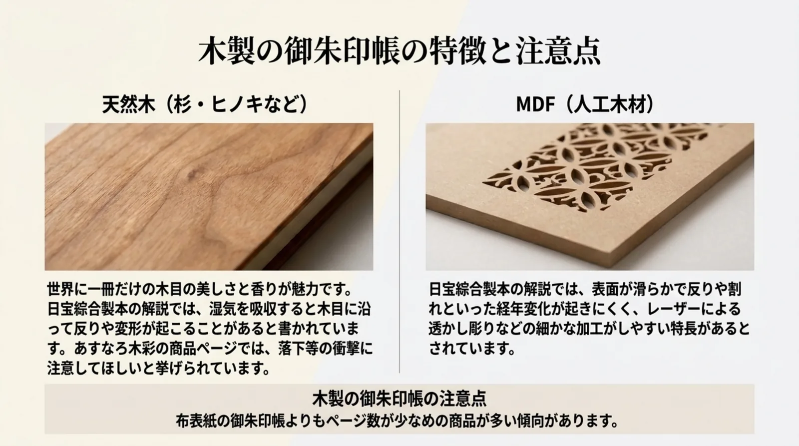 天然木とMDFの表紙の魅力と、反りや落下などの注意点をまとめたスライド