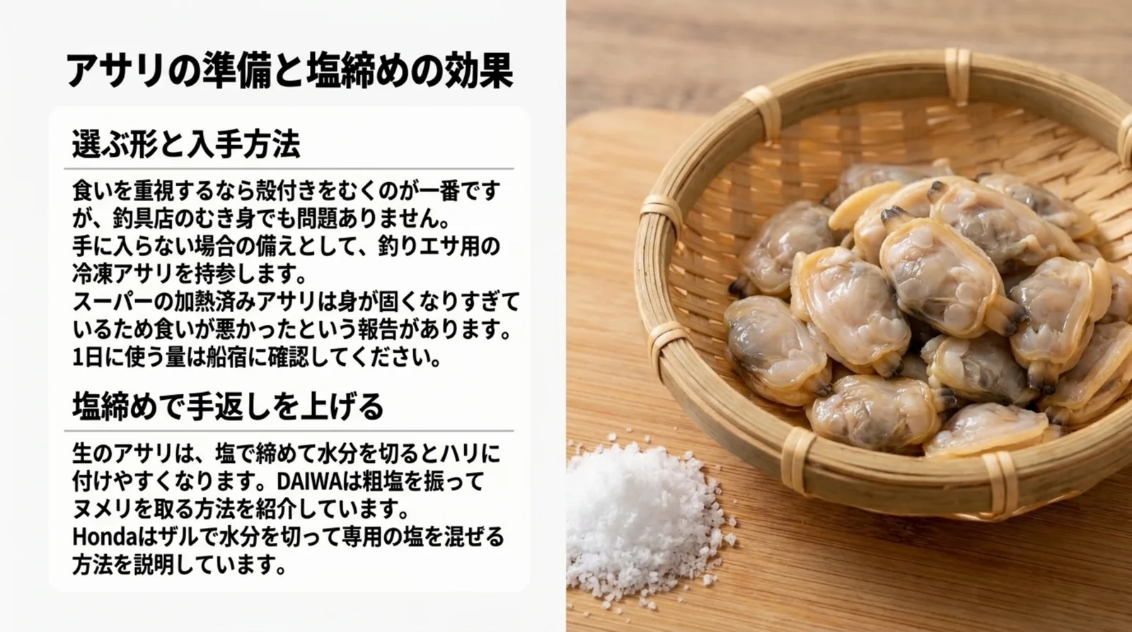 殻付き・釣具店のむき身・冷凍アサリの選び方と、塩で締めて水分を切る下準備をまとめ、ザルに入れたアサリのむき身と粗塩の写真を添えたスライド