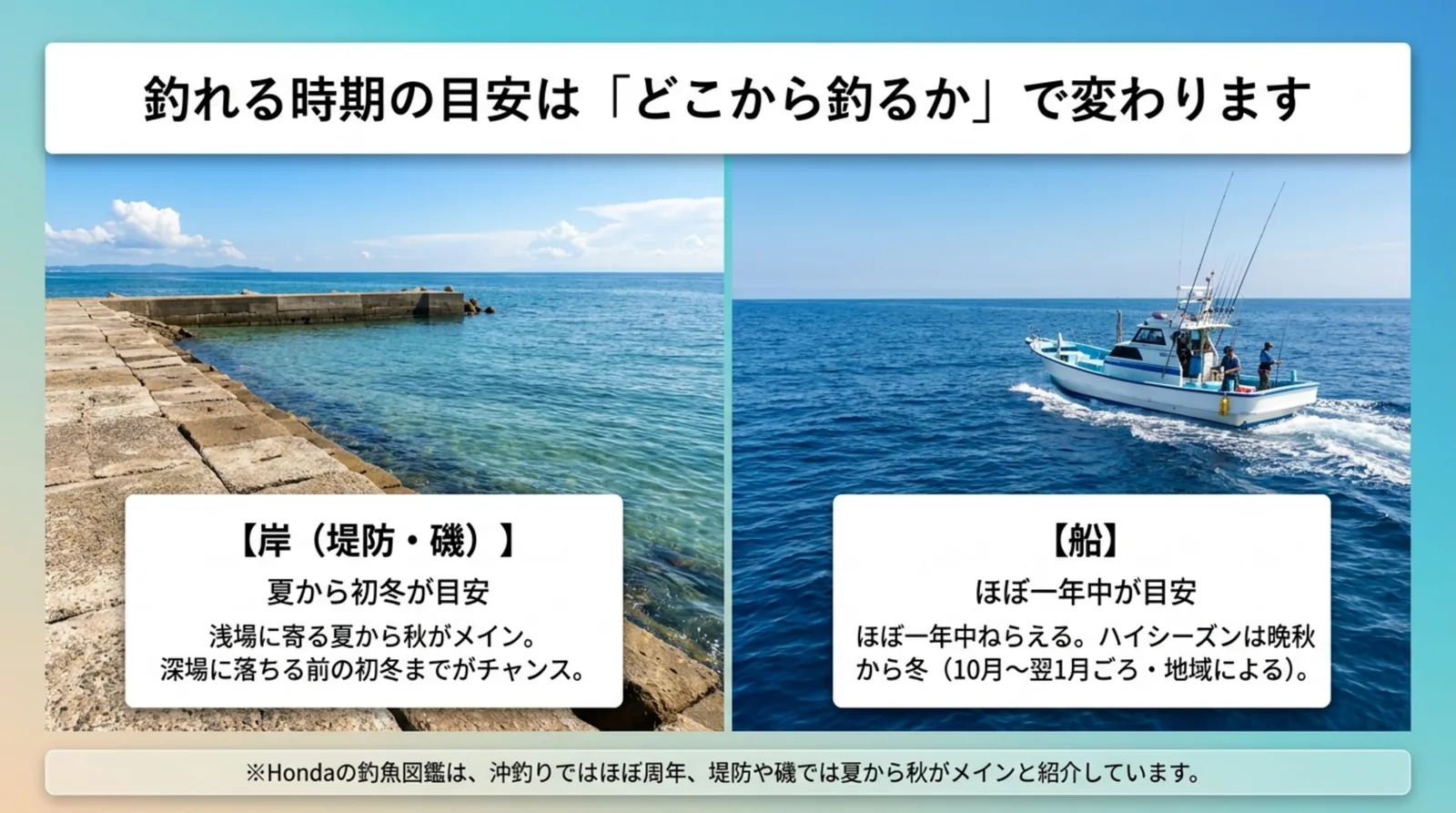 堤防と釣り船の写真を並べ、岸は夏から初冬、船はほぼ一年中でハイシーズンは晩秋から冬と比べたスライド