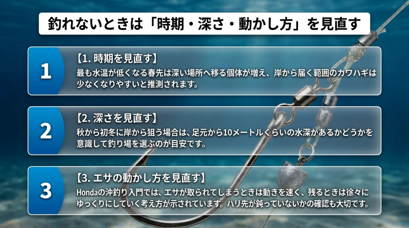 カワハギが釣れないときに時期、深さ、エサの動かし方の3つを順に見直す方法をまとめたスライド