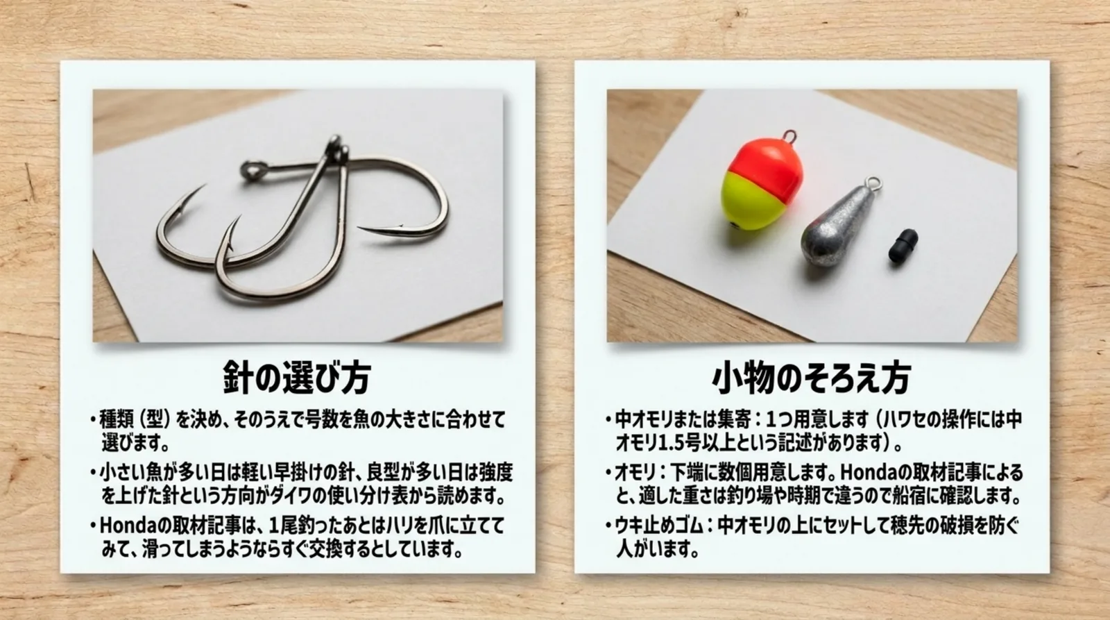 針は型を決めてから号数を魚の大きさに合わせること、中オモリまたは集寄とオモリとウキ止めゴムのそろえ方をまとめたスライド