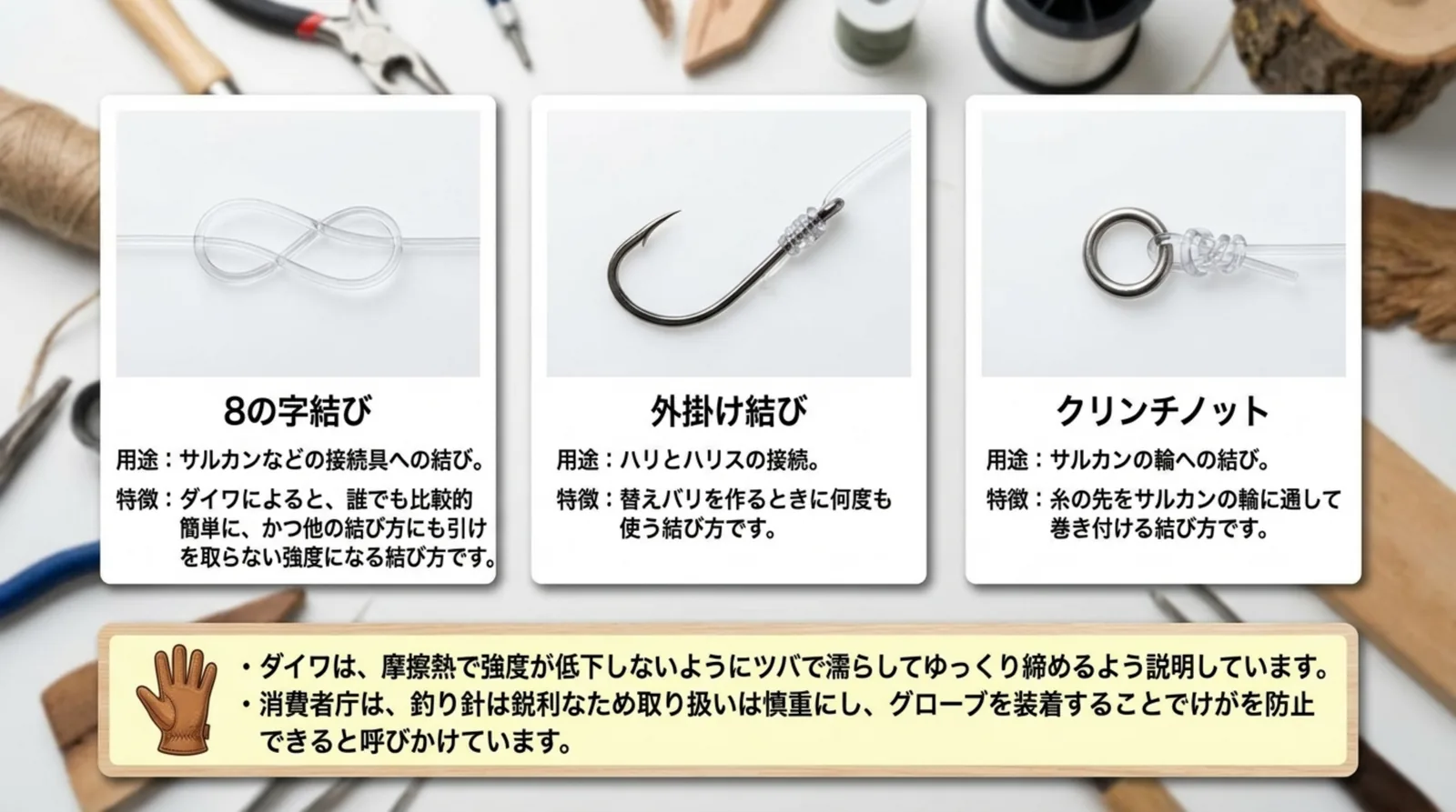 8の字結び、外掛け結び、クリンチノットの用途と特徴を並べ、摩擦熱を避けてゆっくり締めることと釣り針の扱いの注意を添えたスライド