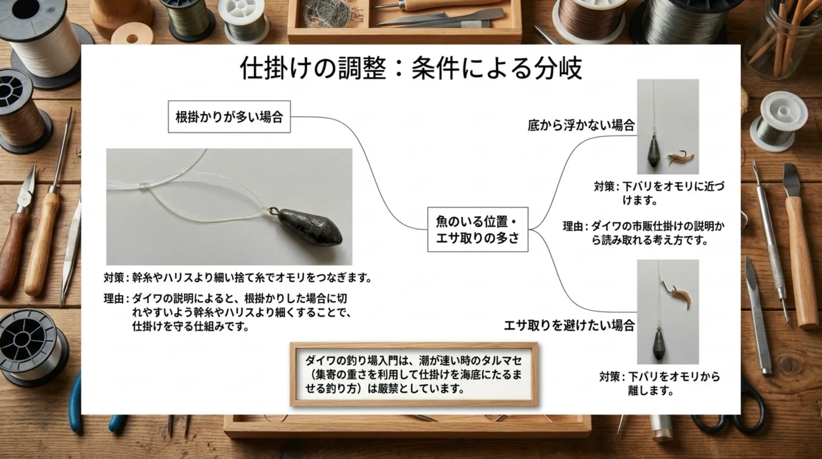根掛かりが多い場合は細い捨て糸でオモリをつなぎ、底から浮かない場合は下バリをオモリに近づけ、エサ取りを避けたい場合は下バリをオモリから離すという調整の分かれ道を示したスライド