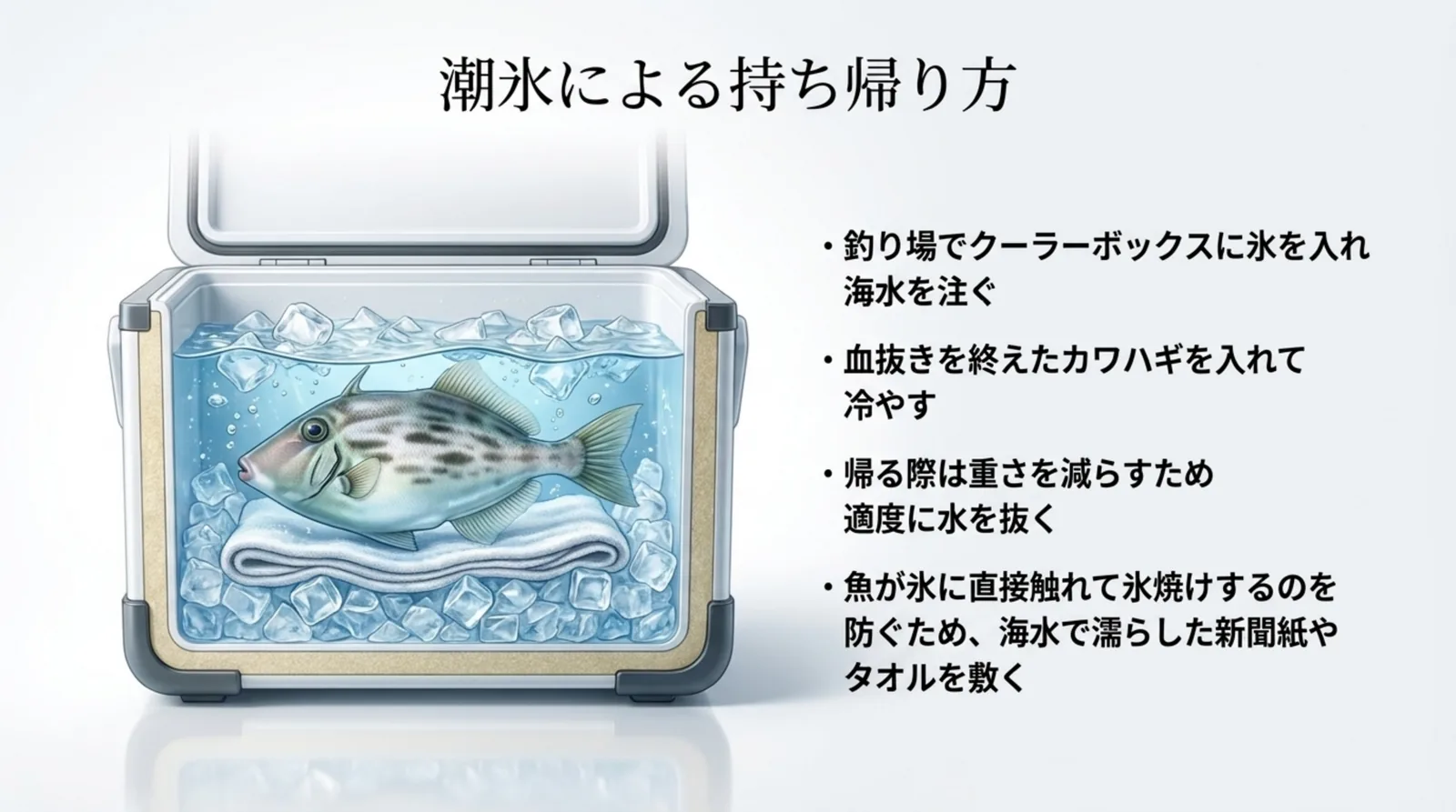 氷と海水を入れたクーラーボックスでカワハギを冷やし、帰りは水を抜いて新聞紙やタオルを敷く持ち帰り方のスライド
