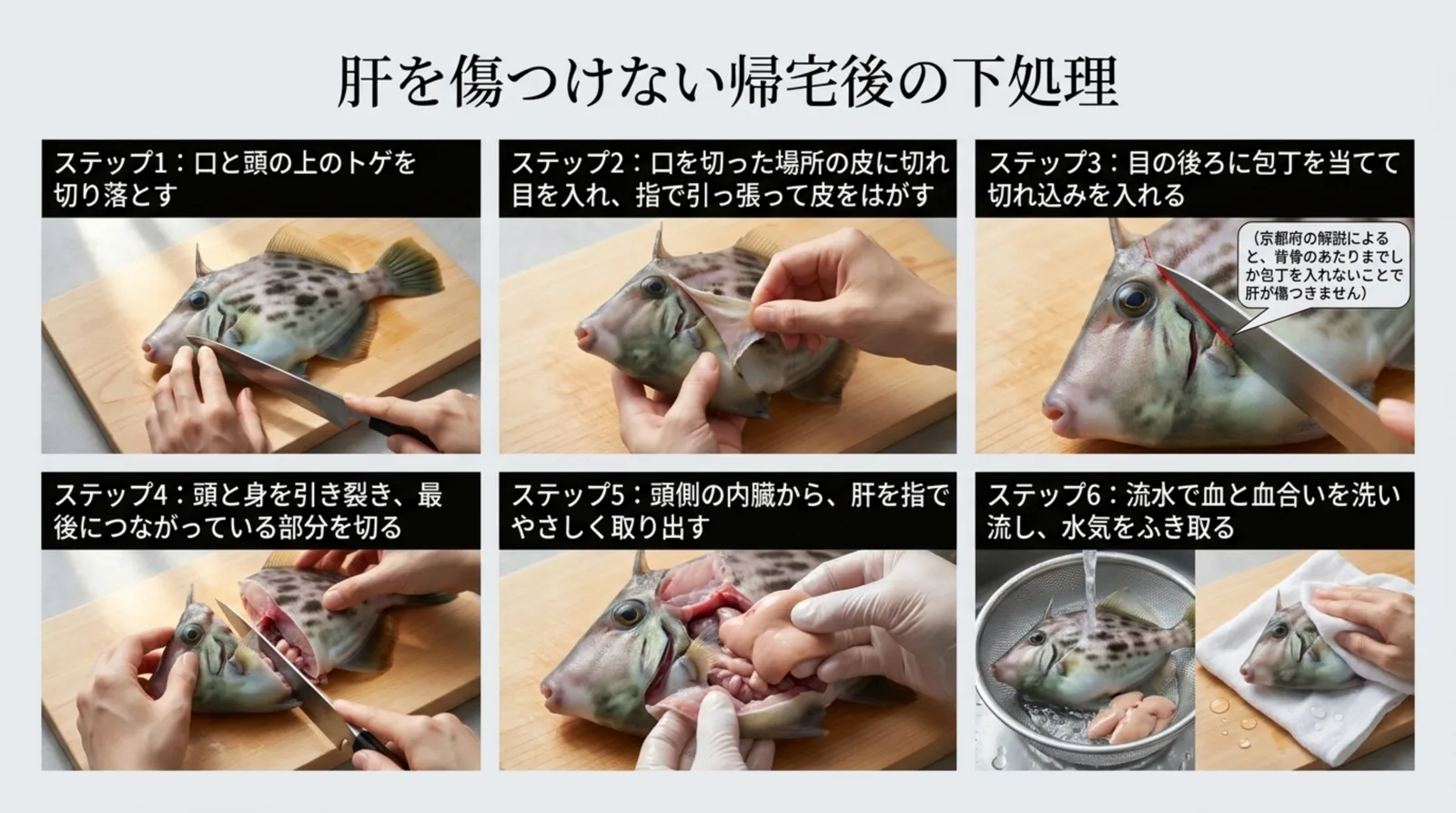 口とトゲを切る、皮をはぐ、目の後ろに切れ込みを入れる、頭と身を分ける、肝を指で取り出す、流水で洗うというカワハギの下処理6ステップのスライド