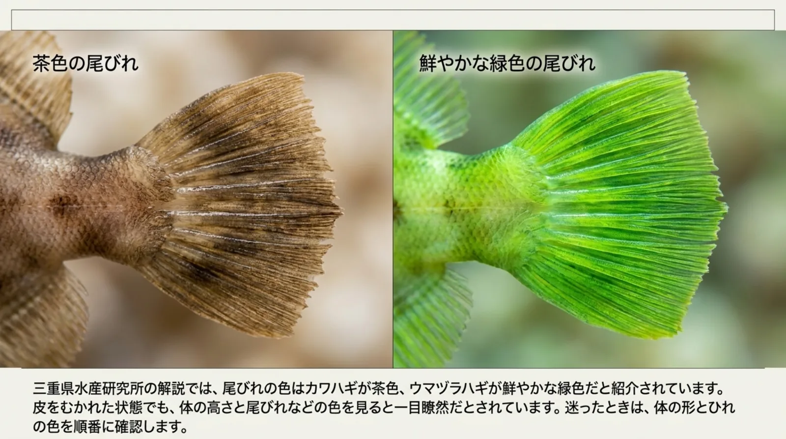 茶色のカワハギの尾びれと、鮮やかな緑色のウマヅラハギの尾びれを並べて見分け方を示したスライド