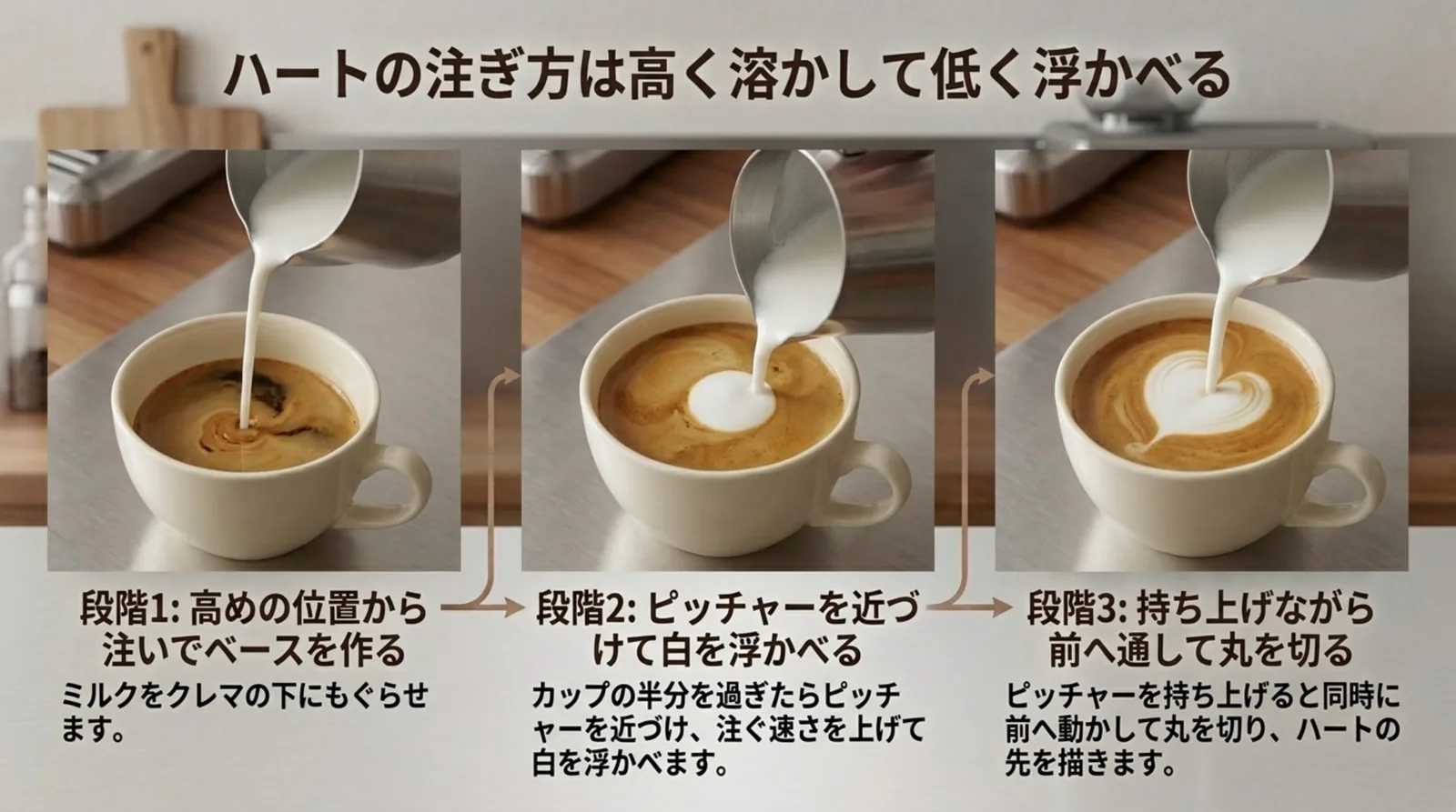 高めの位置から注いでベースを作り、ピッチャーを近づけて白を浮かべ、持ち上げながら前へ通して丸を切るハートの注ぎ方を3枚の写真で示したスライド