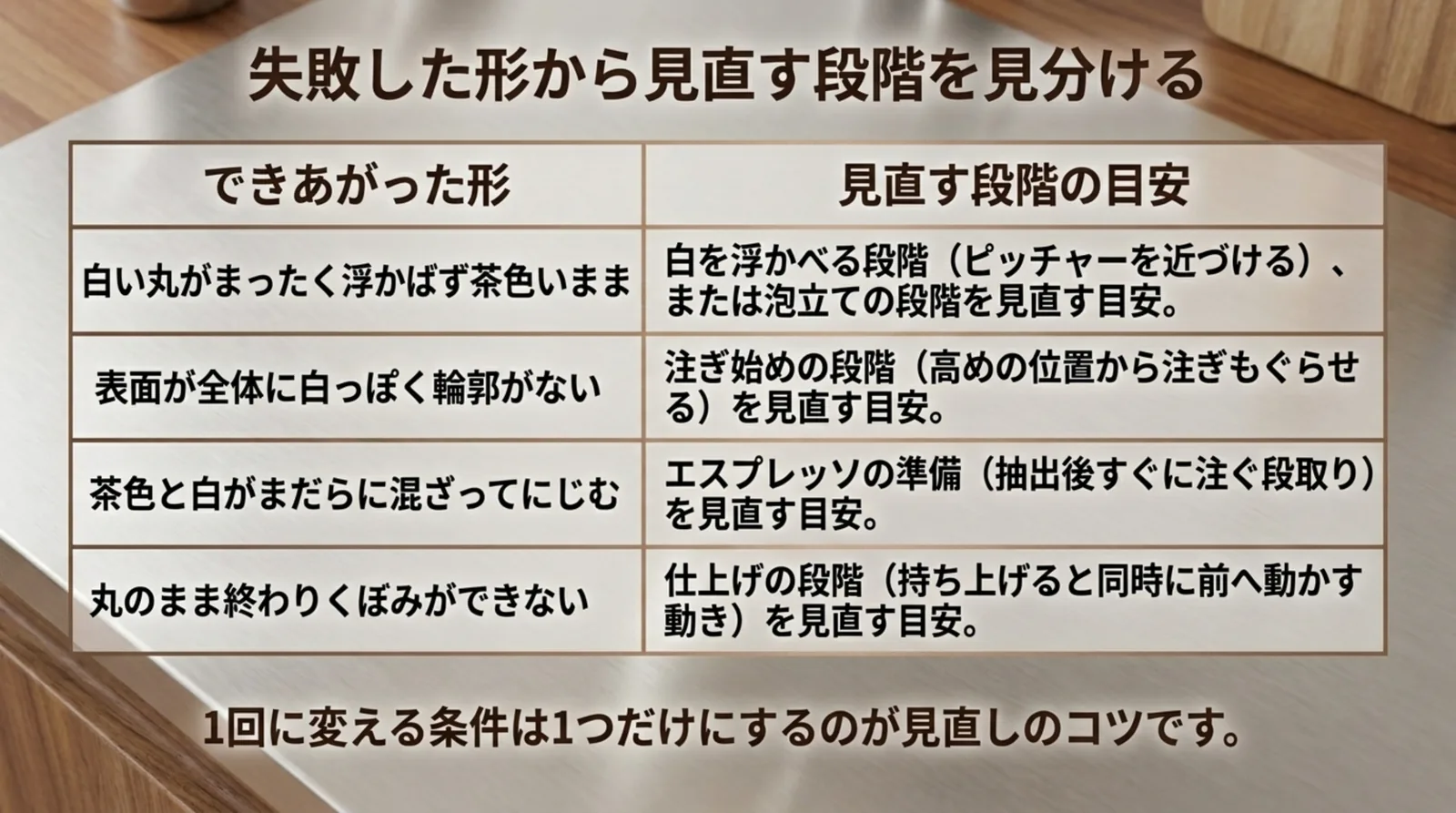 白い丸が浮かばない、輪郭がない、まだらににじむ、くぼみができないという形ごとに見直す段階をまとめた表のスライド