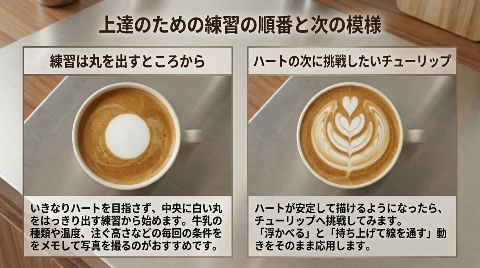 中央に白い丸を浮かべたラテと、次に挑戦したいチューリップのラテアートを並べた練習の順番のスライド
