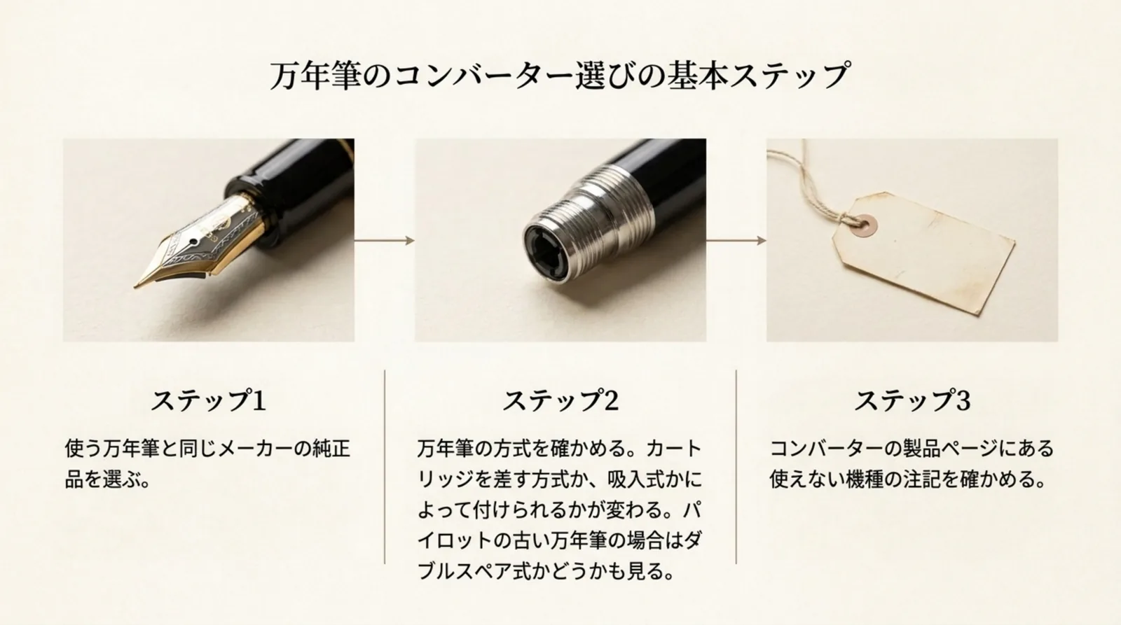 同じメーカーの純正品を選ぶ、万年筆の方式を確かめる、製品ページの使えない機種の注記を確かめる、の3ステップを並べたスライド