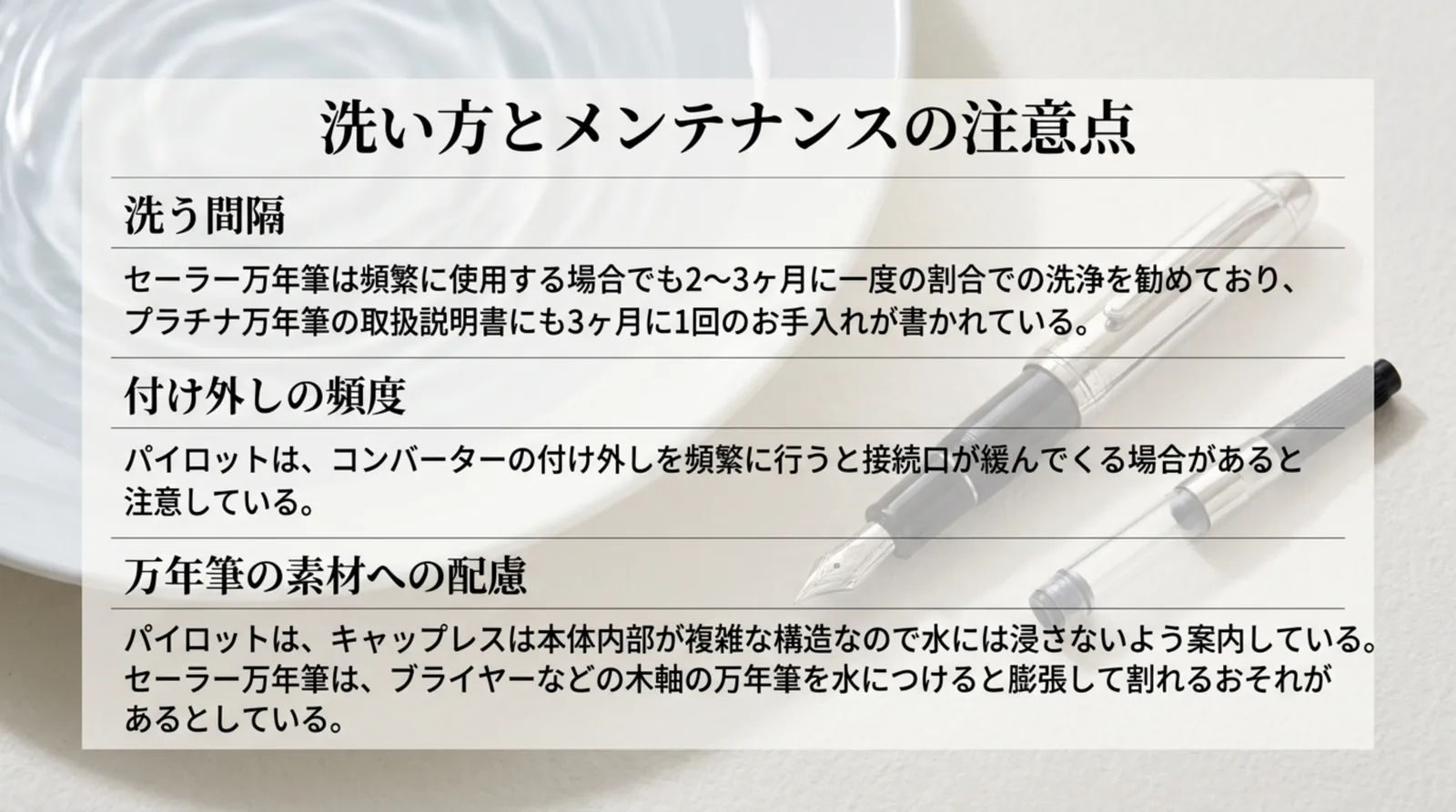洗う間隔、コンバーターの付け外しで接続口が緩む場合があること、キャップレスや木軸の万年筆を水に浸さない注意をまとめたスライド
