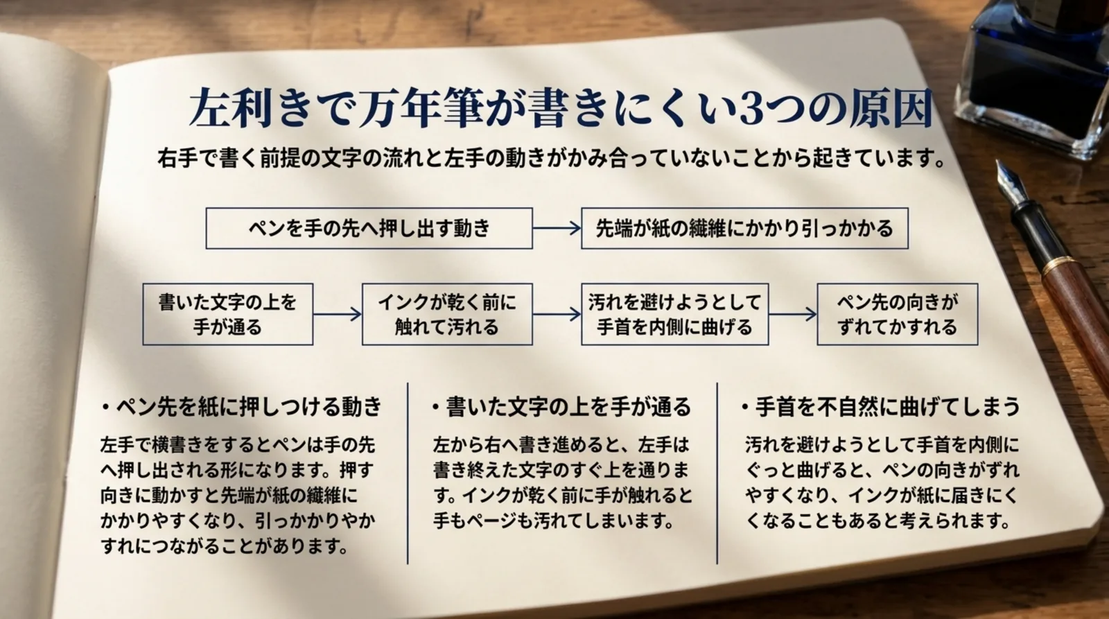 ペンを押す動き・書いた文字の上を手が通ること・手首を曲げる姿勢の3つの原因とそのつながりを流れ図で示したスライド