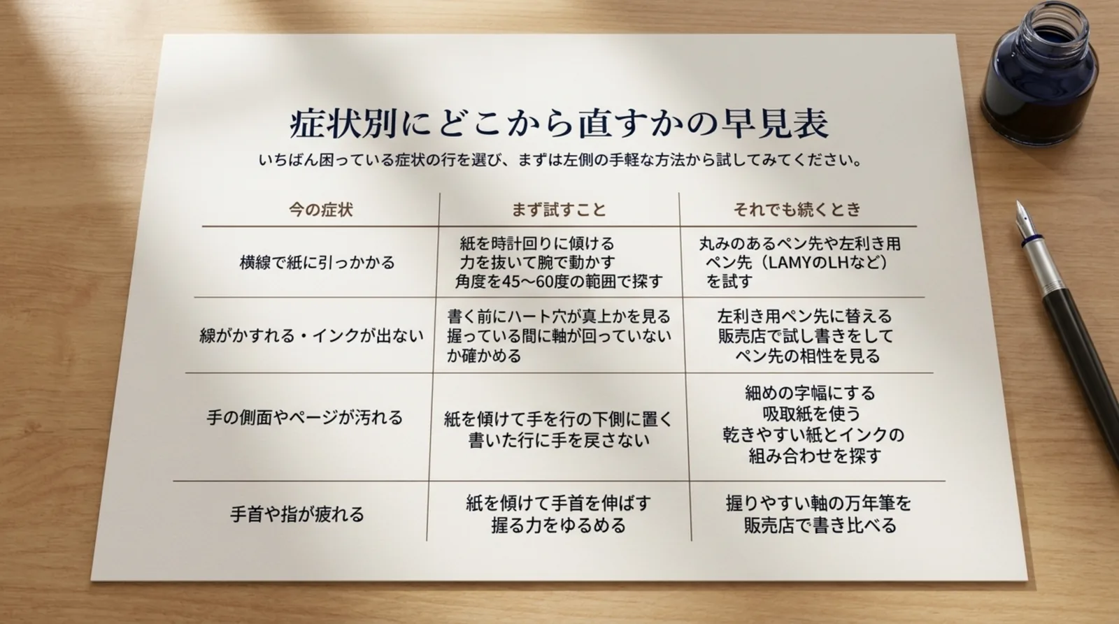 引っかかる・かすれる・汚れる・疲れるの4つの症状ごとに、まず試すこととそれでも続くときの対処を並べた表のスライド