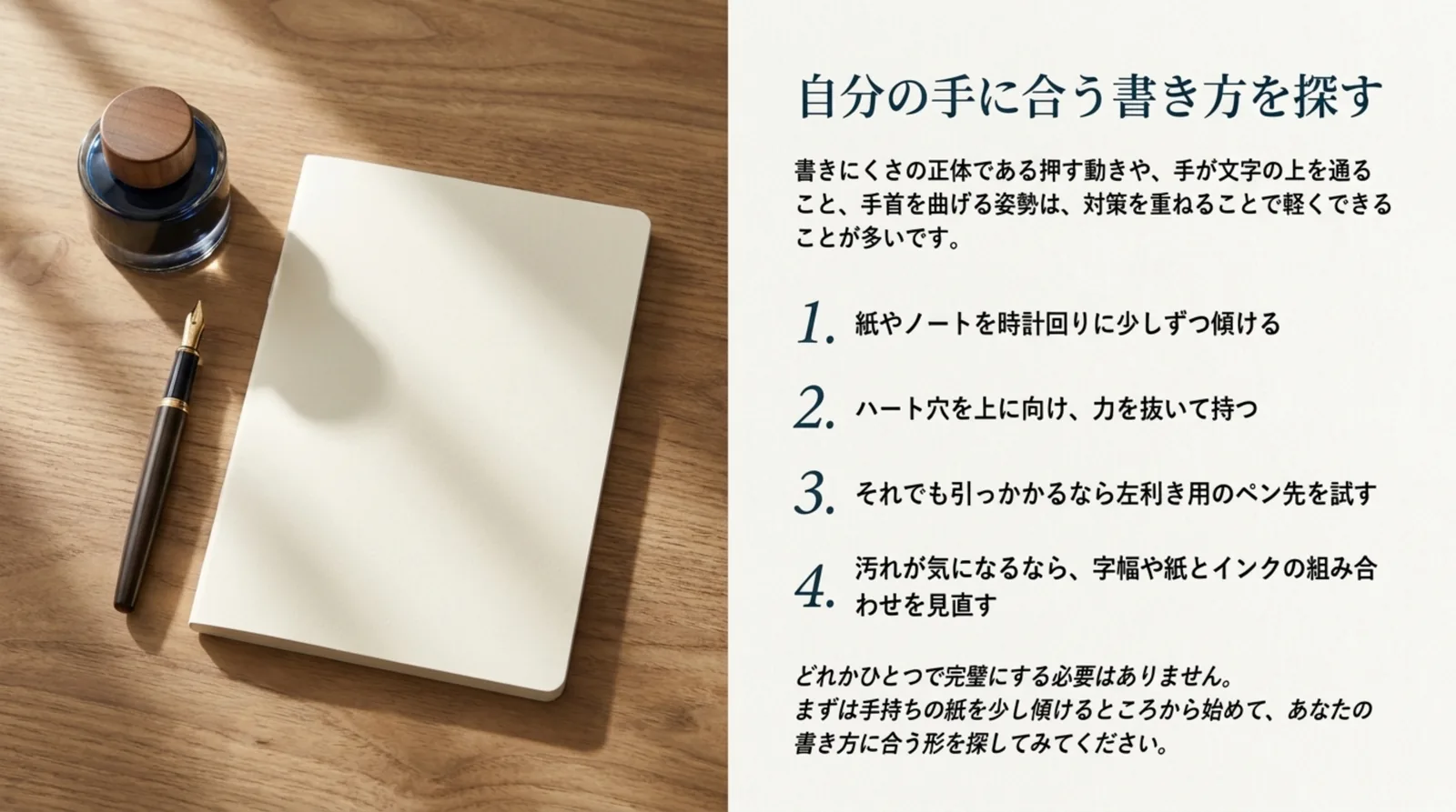 紙を傾ける・ハート穴を上にして力を抜く・左利き用ペン先を試す・字幅と紙とインクを見直すの4つの順番をまとめたスライド