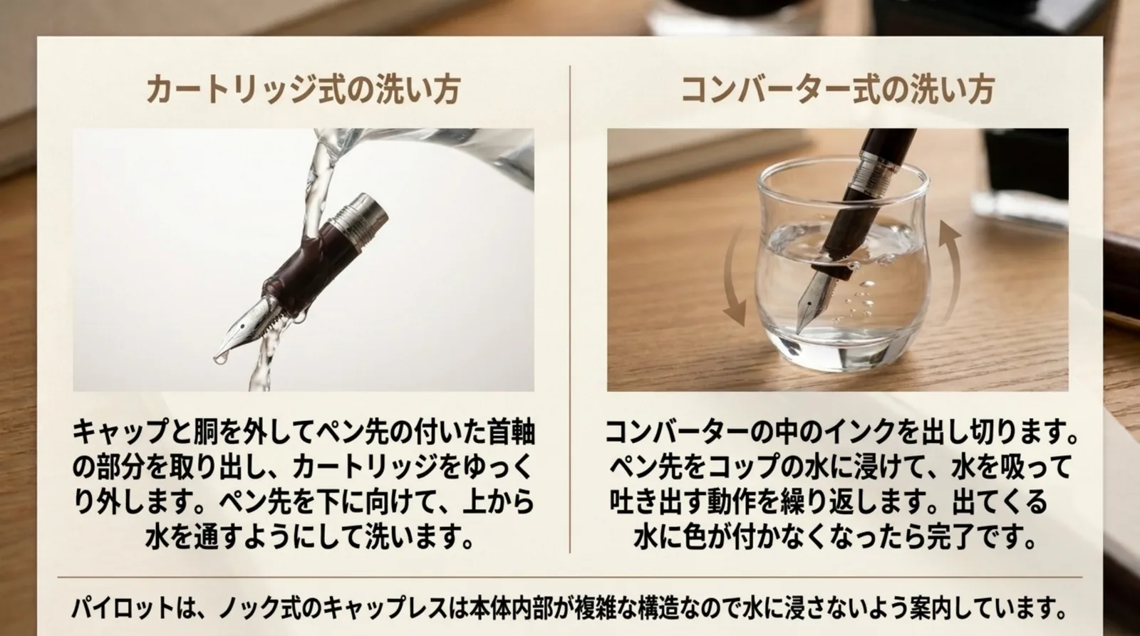 首軸に上から水を通すカートリッジ式の洗い方と、コップの水を吸って吐き出すコンバーター式の洗い方を左右に並べたスライド