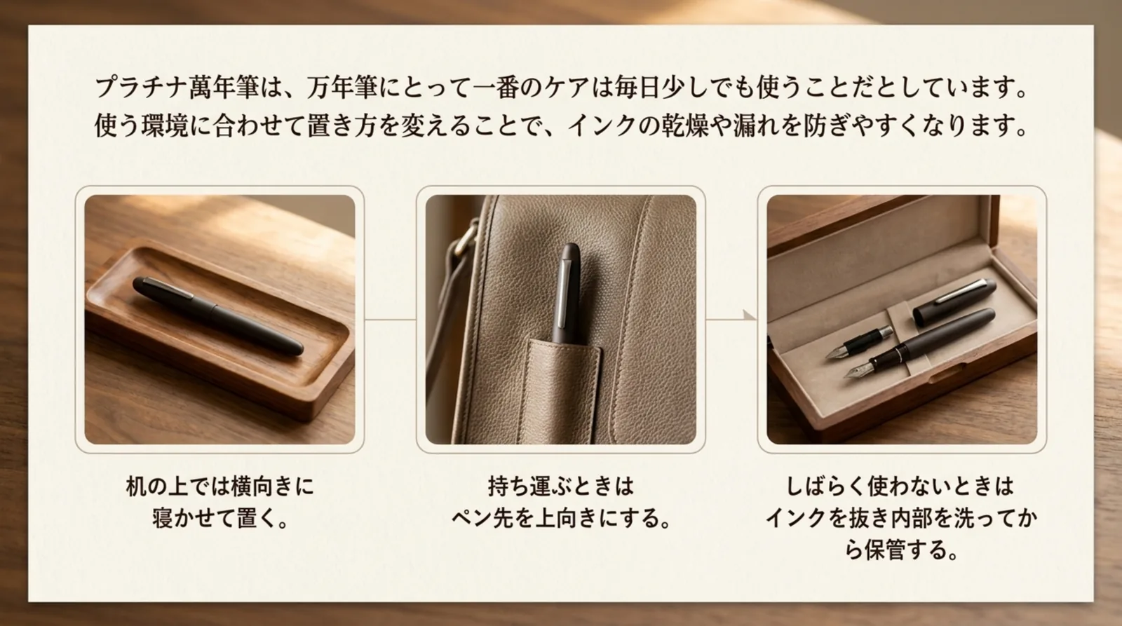 机の上では横向きに寝かせる、持ち運ぶときはペン先を上向きにする、しばらく使わないときはインクを抜いて洗ってから保管する、の3場面を写真で示したスライド