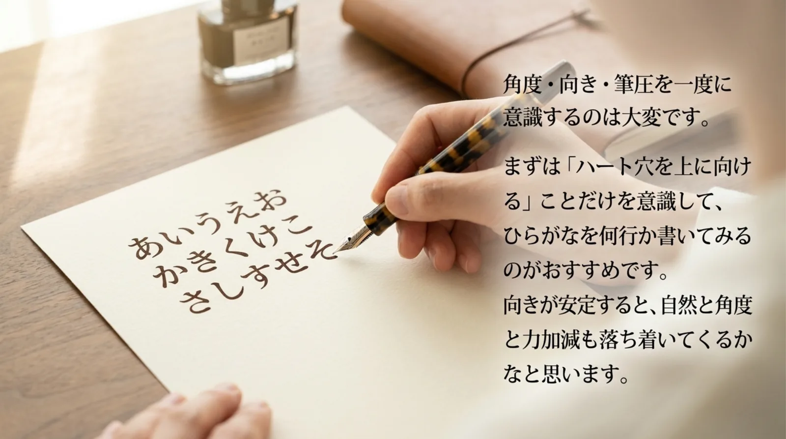 ハート穴を上に向けることから意識してひらがなを書く練習をすすめるスライド