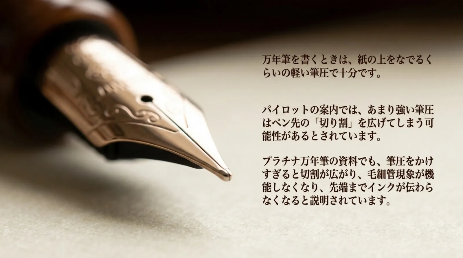 強い筆圧が切り割を広げる可能性があるという各社の説明をまとめたスライド