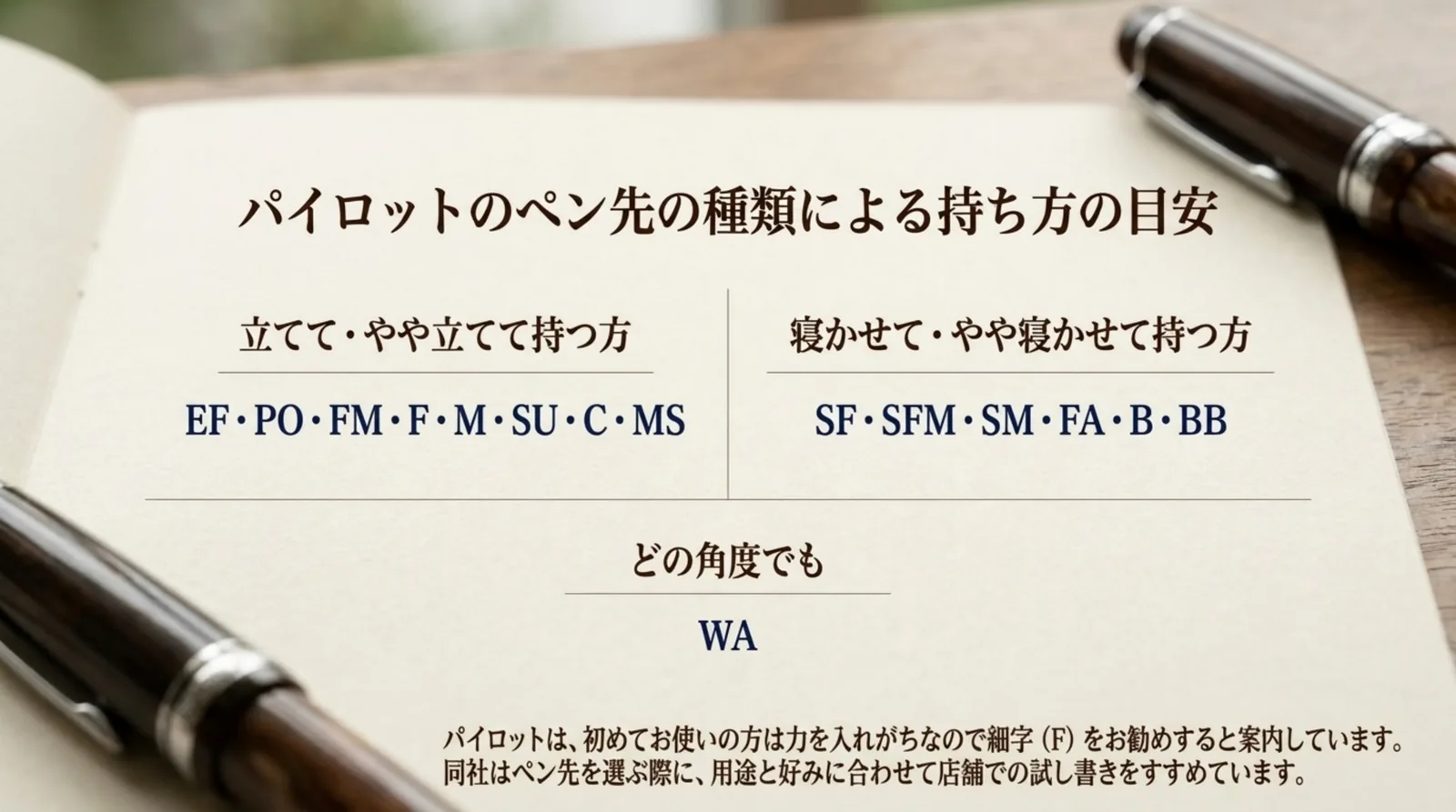 立てて持つ・寝かせて持つ・どの角度でもの3つにペン先の種類を分けたスライド