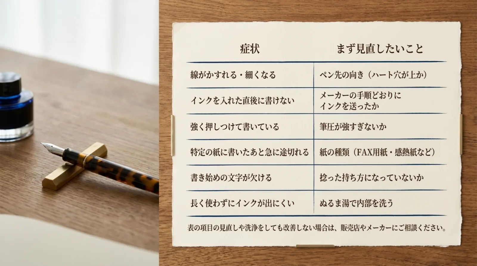かすれる・書き始めが欠けるなどの症状と見直したいことを並べた表のスライド