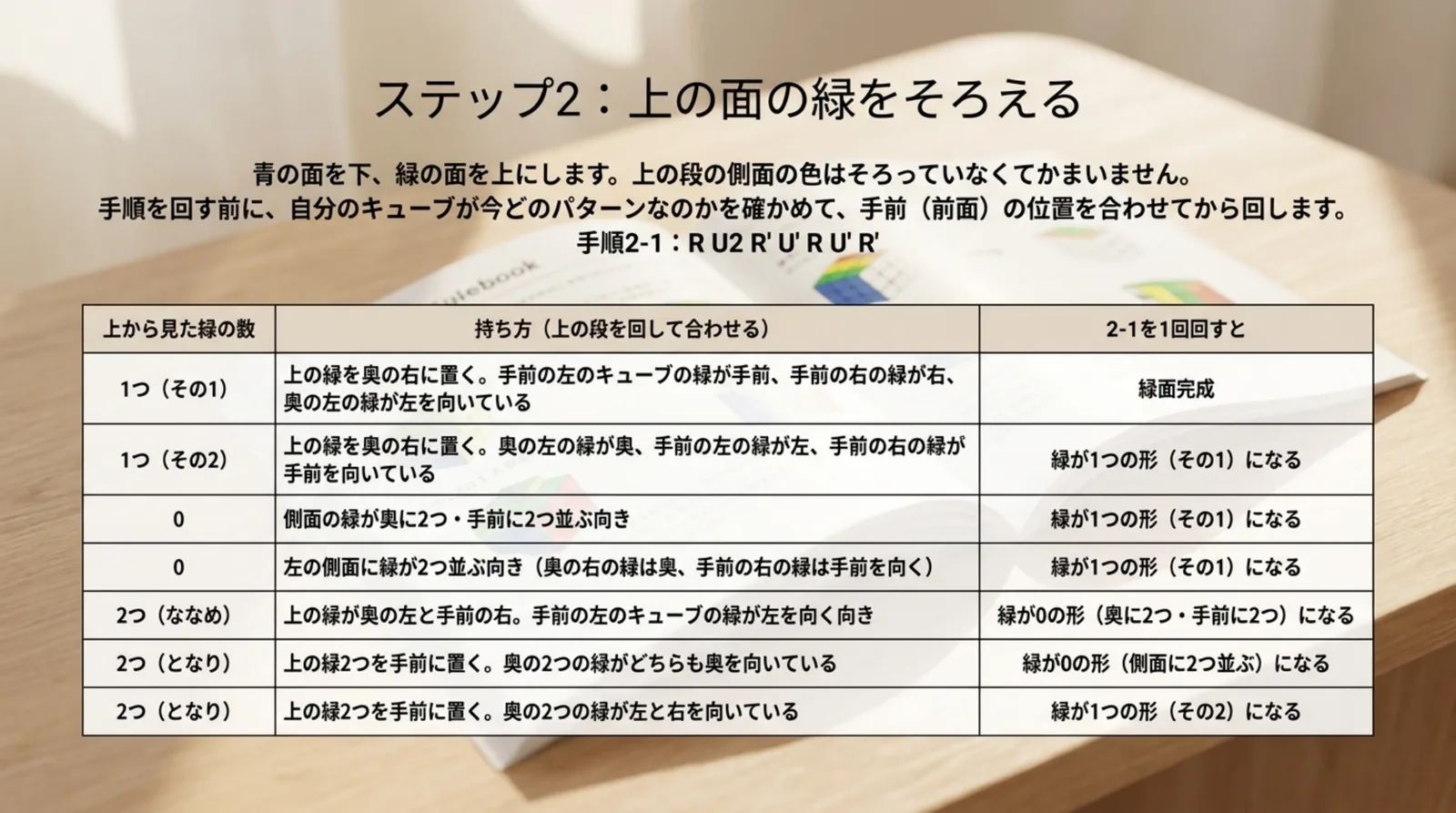 上から見た緑の数ごとに、上の段の持ち方と手順2-1を1回回したあとの形をまとめた表のスライド