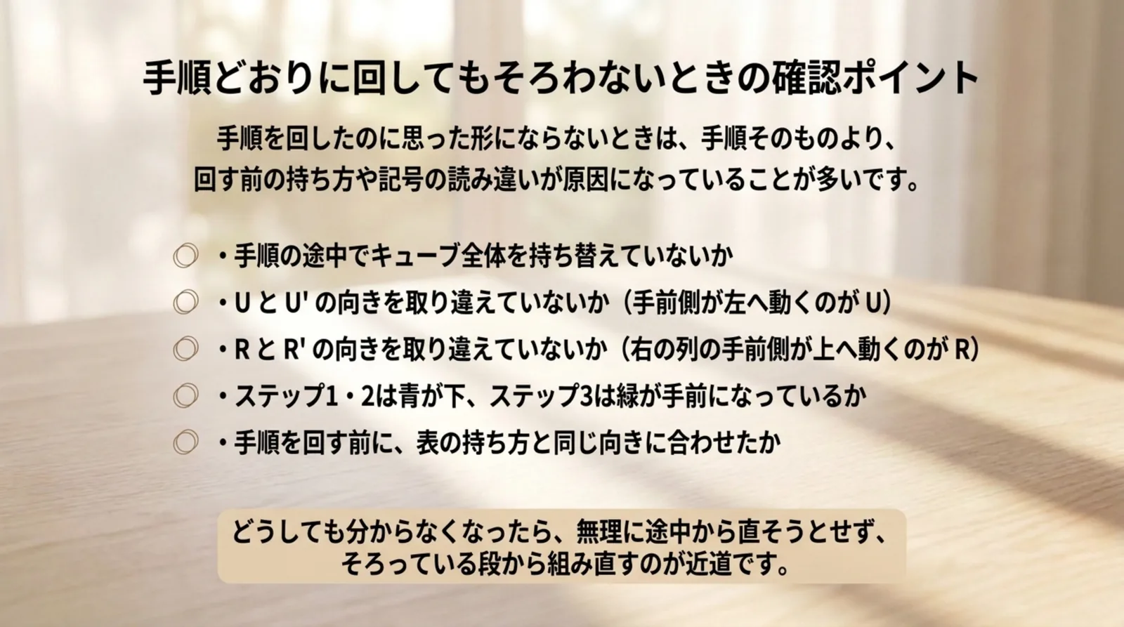 持ち替え・UとU'・RとR'の向き・持ち方など、手順どおりに回してもそろわないときに確かめる5つの点を並べたスライド
