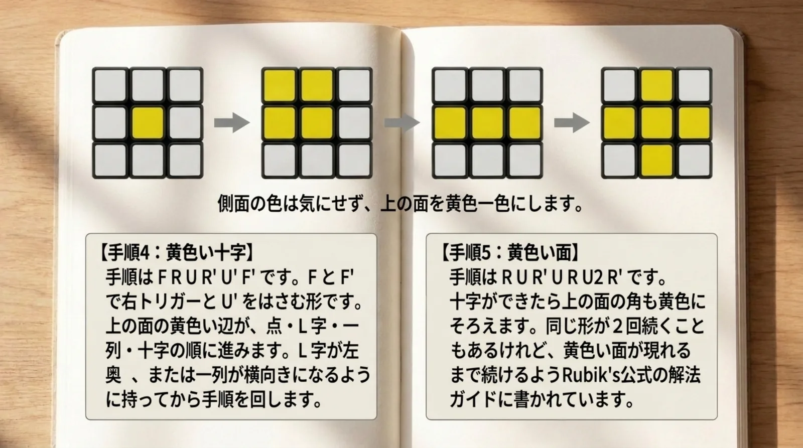 上の面の黄色が点・L字・一列・十字と進む図と、黄色い十字と黄色い面の手順をまとめたスライド