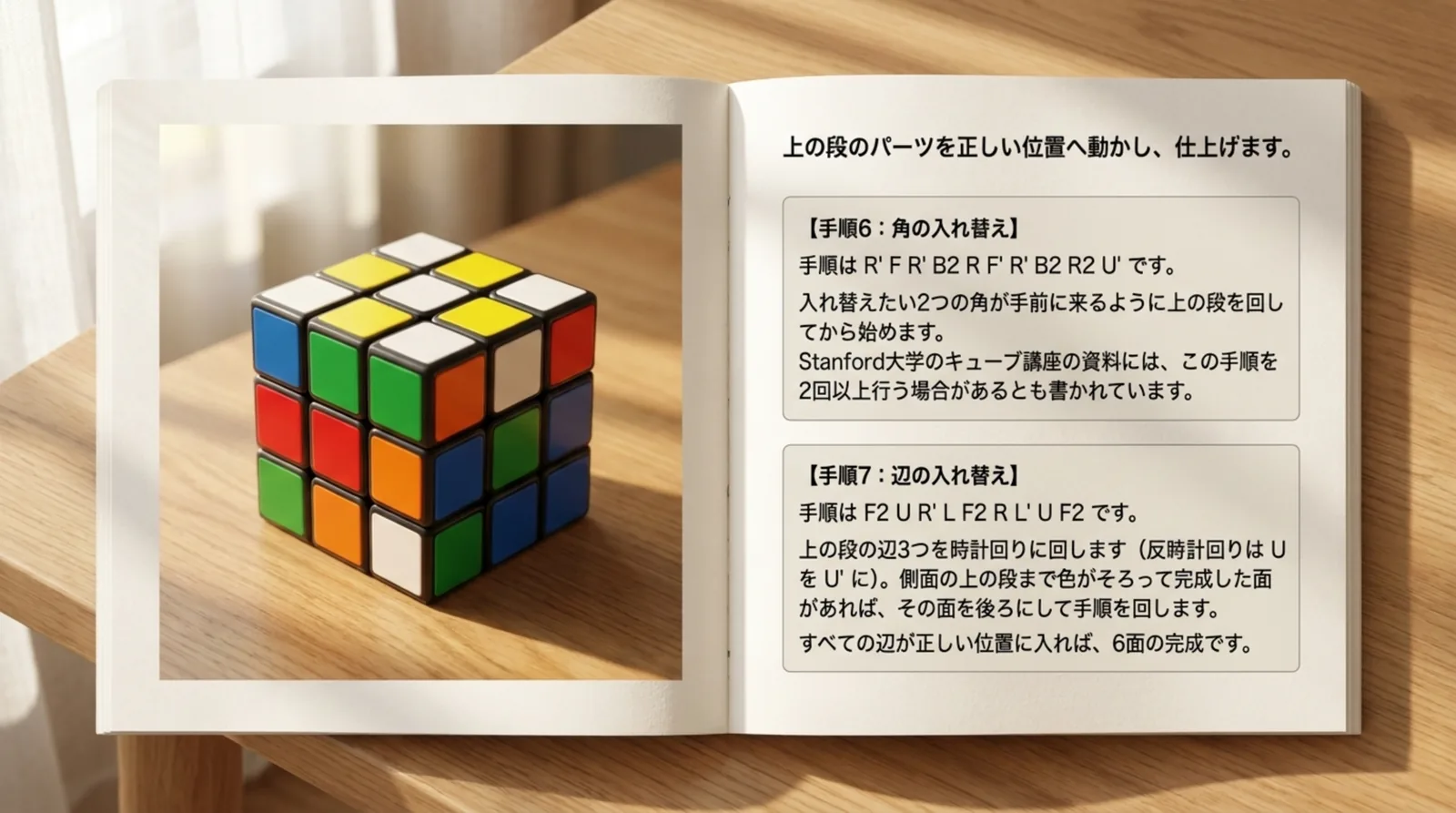 上の段の角を入れ替える手順と、完成した面を後ろにして辺を3つ回す手順をまとめたスライド
