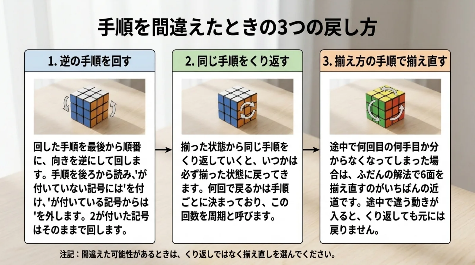 逆の手順を回す・同じ手順をくり返す・揃え方の手順で揃え直す、の3つの戻し方を並べたスライド