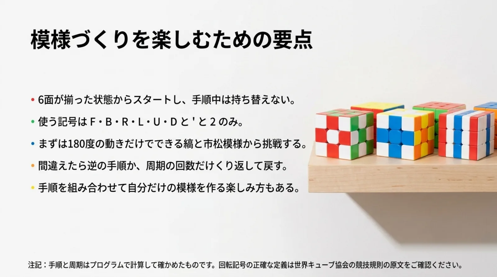 6面揃った状態から始める、使う記号、最初の模様、戻し方、組み合わせの5つの要点をまとめたスライド