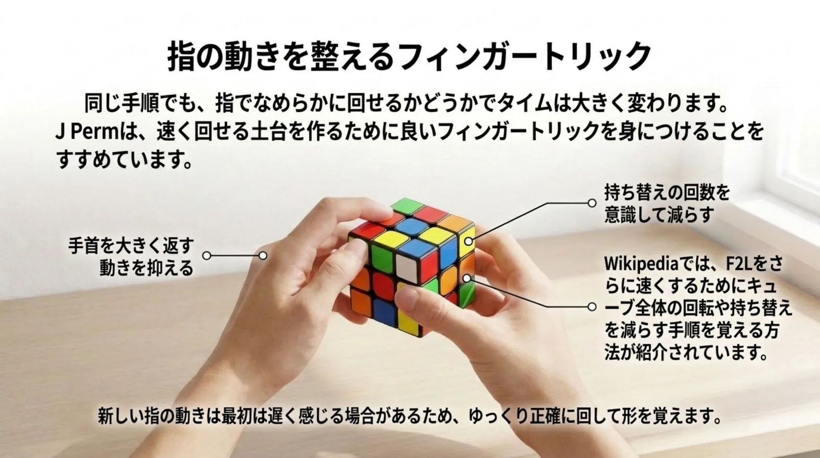両手でキューブを持つ写真に、手首を大きく返す動きを抑える・持ち替えの回数を減らすなどの要点を添えたスライド