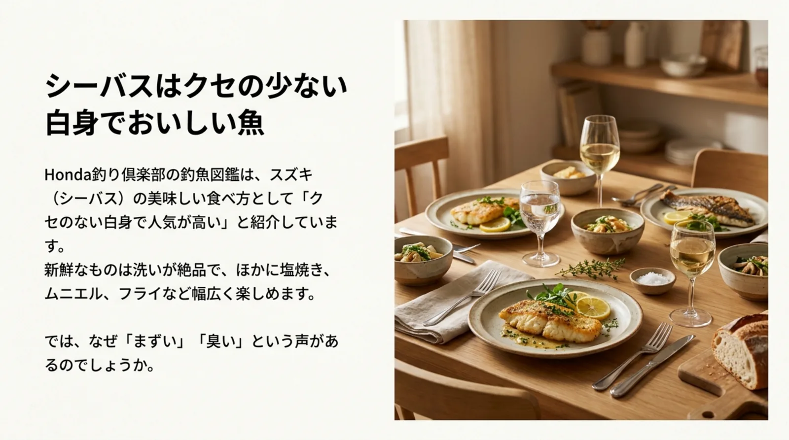 シーバスの料理が並ぶ食卓の写真と、洗い・塩焼き・ムニエル・フライなどで楽しめることをまとめたスライド