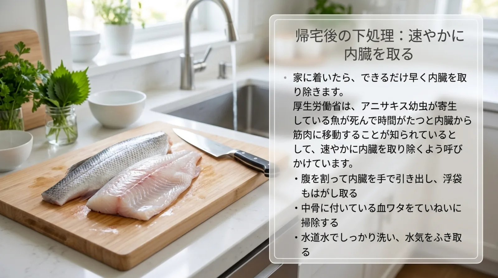 まな板の上のシーバスの切り身と、帰宅後に内臓と血ワタを取り水道水で洗う流れをまとめたスライド