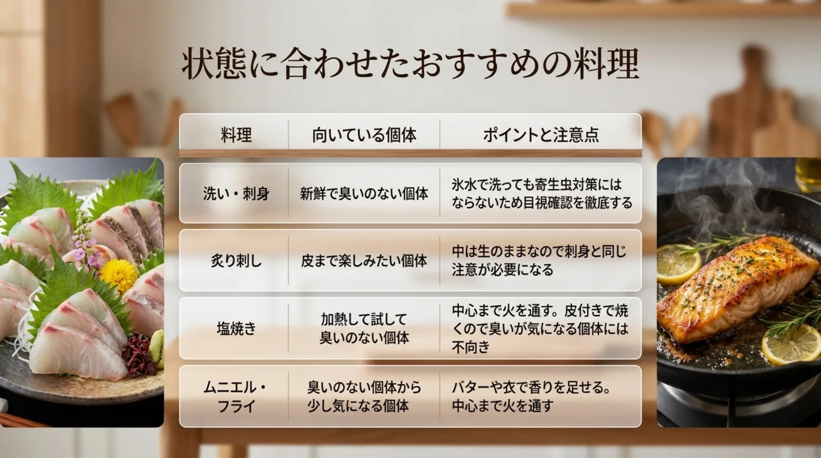 洗い・刺身、炙り刺し、塩焼き、ムニエル・フライについて向いている個体と注意点を比べた表のスライド