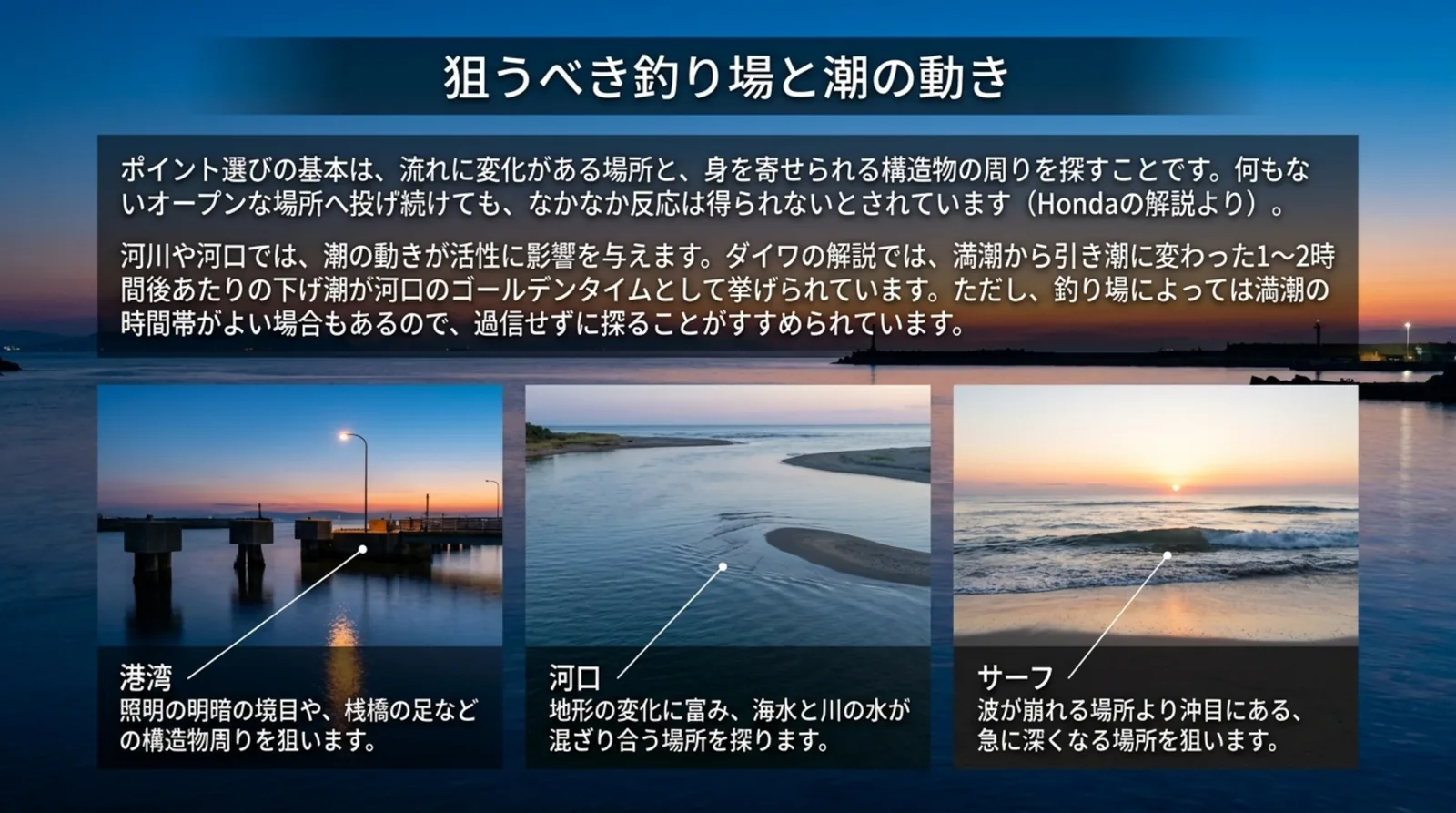 流れの変化と構造物の周りを探す考え方、満潮から引き潮に変わって1〜2時間後の下げ潮が狙い目とされる説明、港湾・河口・サーフそれぞれの狙いどころを写真とともにまとめたスライド