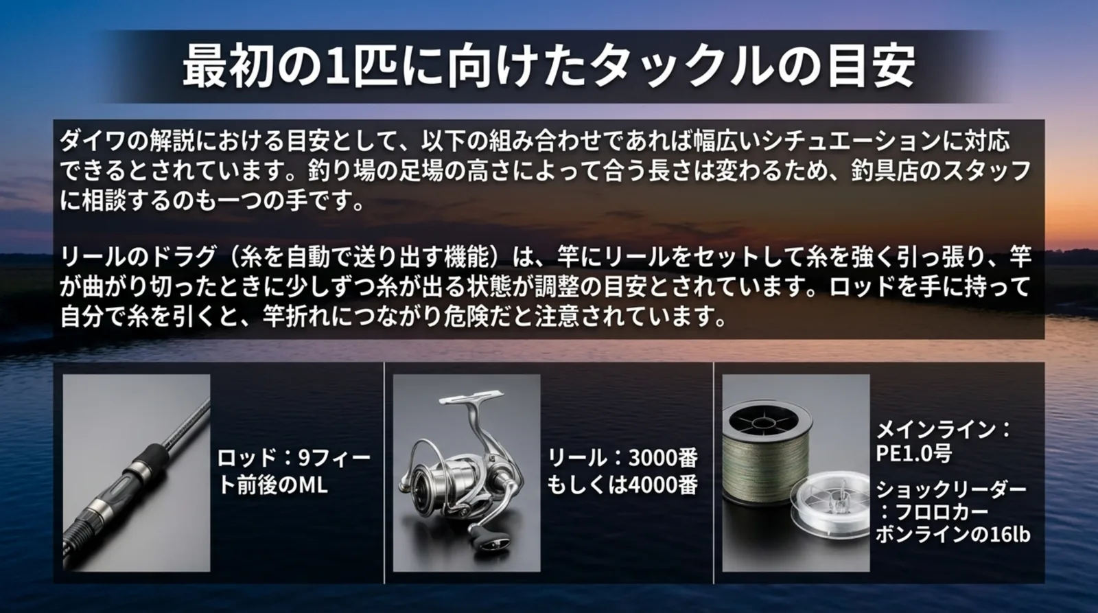 9フィート前後のMLのロッド、3000番か4000番のリール、PE1.0号とフロロカーボン16lbのリーダーという目安と、ドラグ調整の目安と注意を並べたスライド
