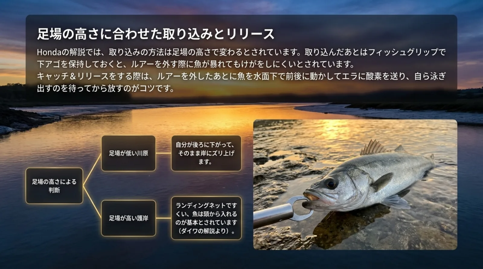 足場が低い川原ではズリ上げ、足場が高い護岸ではランディングネットで頭からすくう分岐と、フィッシュグリップで下アゴを保持してリリースする流れをまとめたスライド