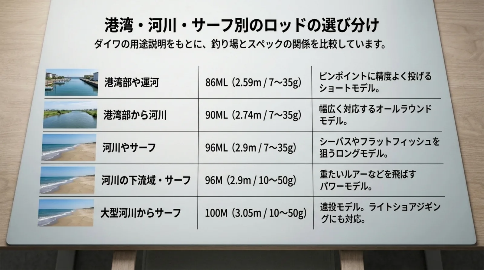 シーバスフラットXの5機種の全長とルアー重量を、港湾部・河川・サーフなどダイワの用途説明と並べた表のスライド