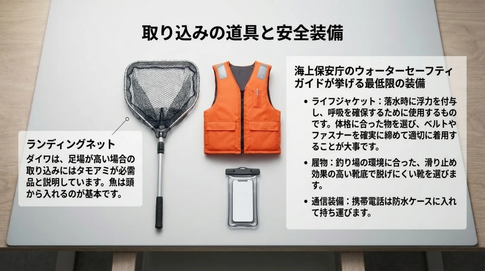 ランディングネット、ライフジャケット、防水ケースに入れた携帯電話を並べ、海上保安庁が挙げる最低限の装備を説明したスライド