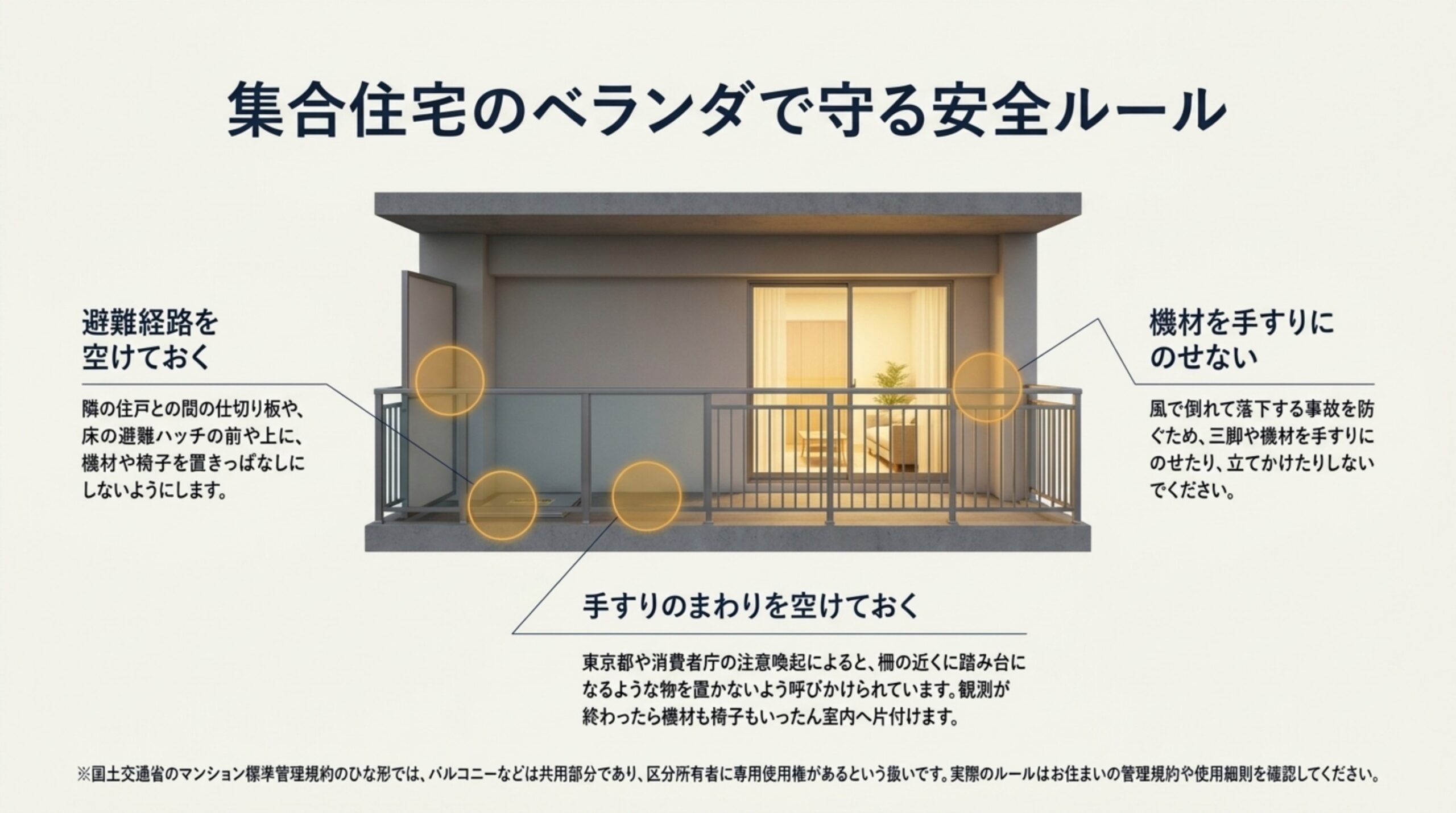 マンションのベランダの図に、避難経路を空けておく・手すりのまわりを空けておく・機材を手すりにのせないの3つの注意を示したスライド