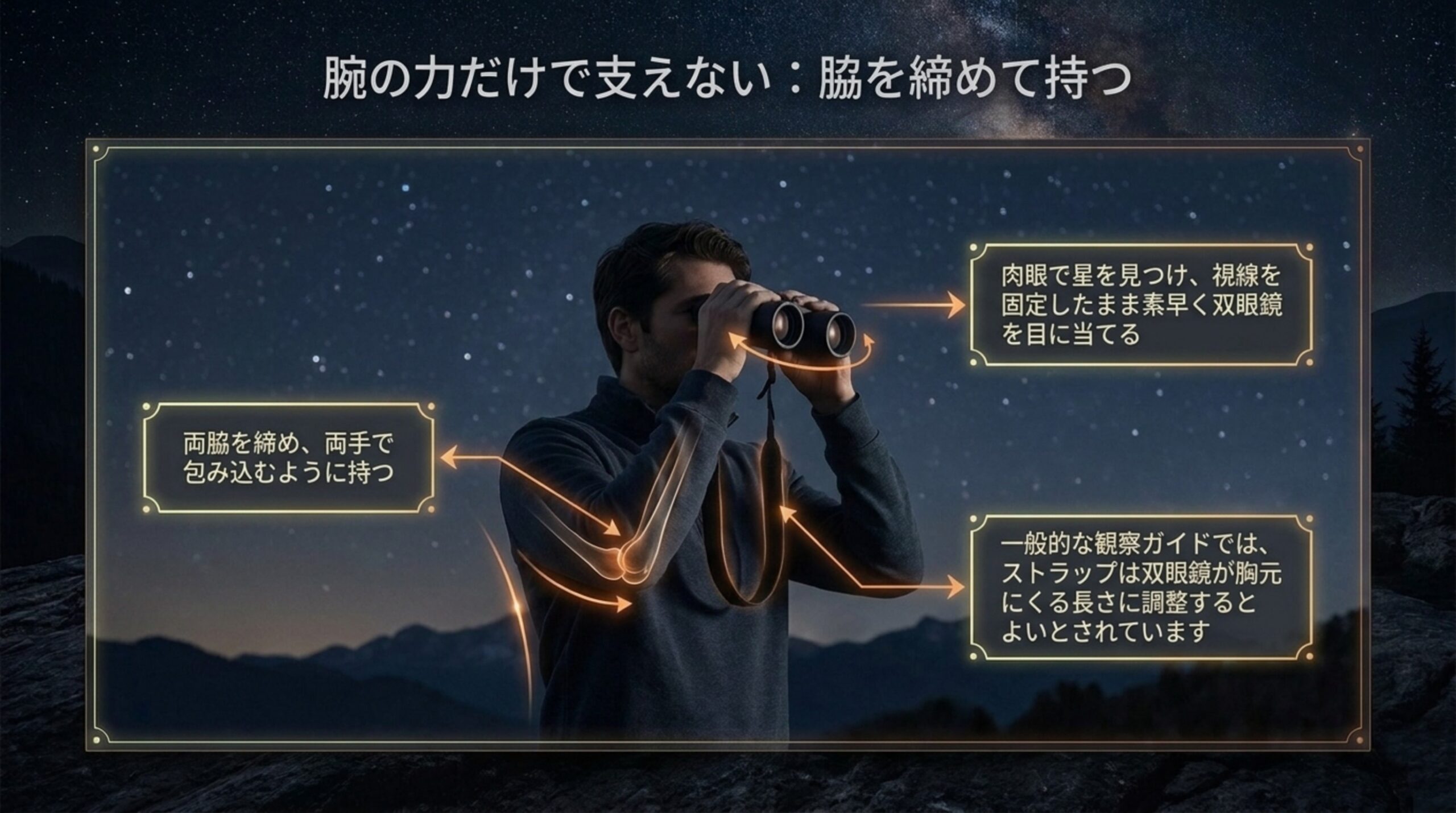 両脇を締めて両手で双眼鏡を包むように持ち、肉眼で見つけた星へ視線を固定したまま双眼鏡を目に当てる持ち方を説明したスライド