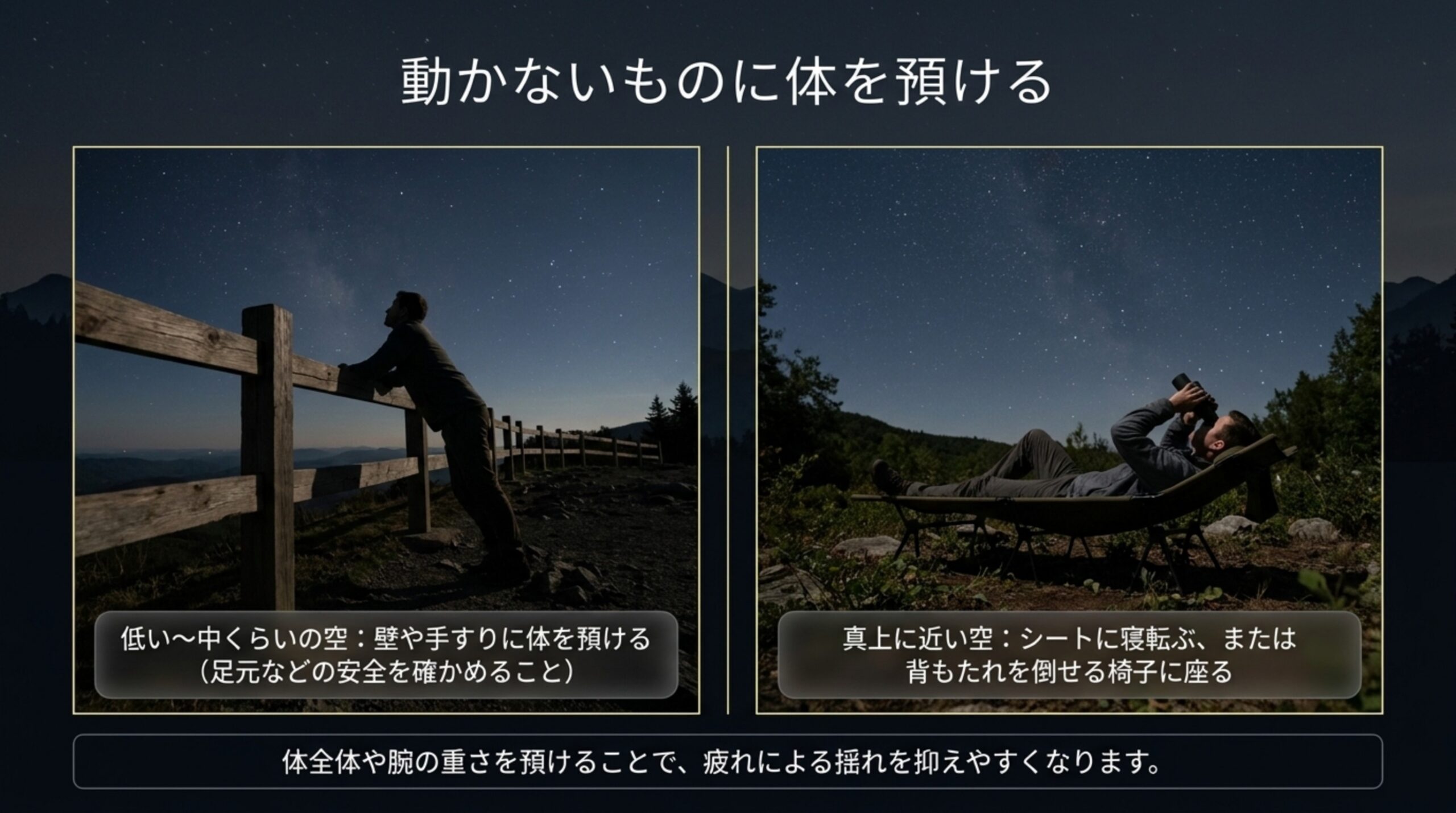 低い空は柵や手すりに体を預け、真上に近い空はコットに寝転んで双眼鏡をのぞく様子を並べたスライド
