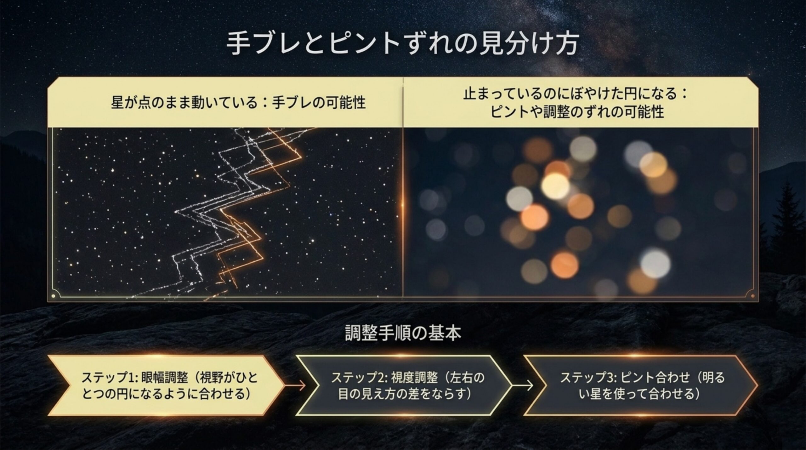 星が点のまま動くなら手ブレ、止まっているのにぼやけるならピントや調整のずれと見分け、眼幅・視度・ピントの順に合わせる手順を示したスライド
