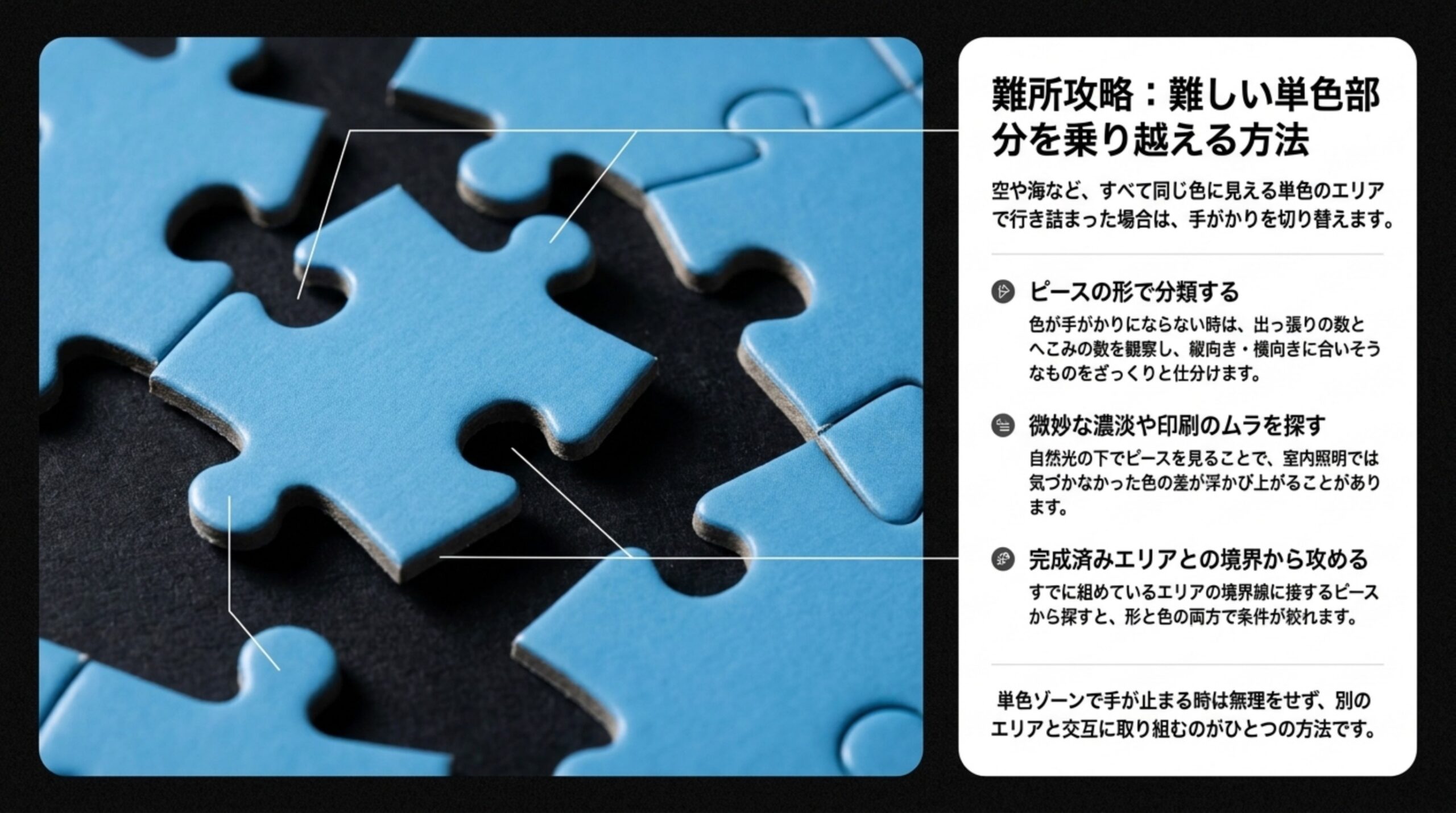 単色のエリアで手が止まったときに、ピースの形で分類する・濃淡や印刷のムラを探す・完成済みエリアとの境界から攻めるという3つの手がかりを示したスライド