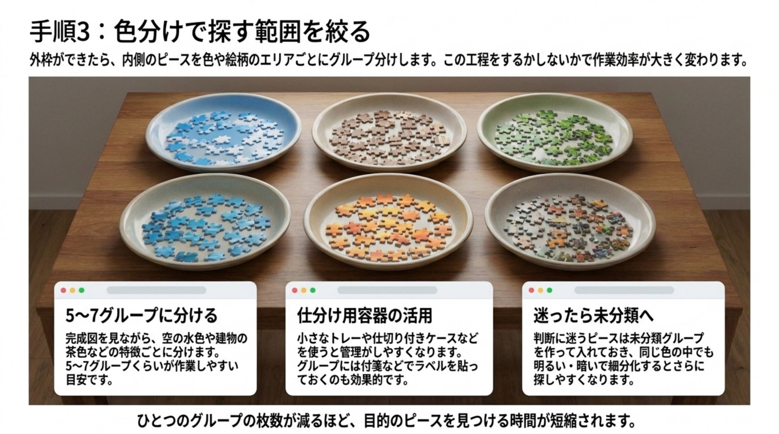 内側のピースを色や絵柄で5〜7グループに分け、仕分け用の容器と未分類グループを使う方法を、色ごとに分けたピースの皿の写真とともに示したスライド